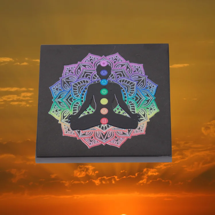 Black Agate Coaster with Engraved 7 Chakra Reiki Charging Plate