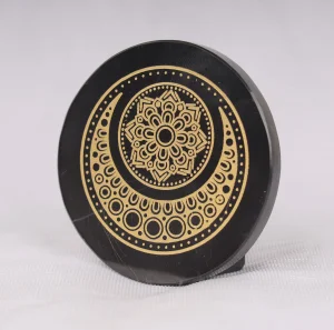 Round Black Agate Moon Shape Carving Plate