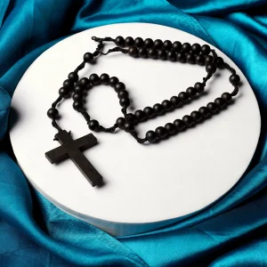 ST. BENEDICT BLACK WOODEN  BEAD ROSARY 