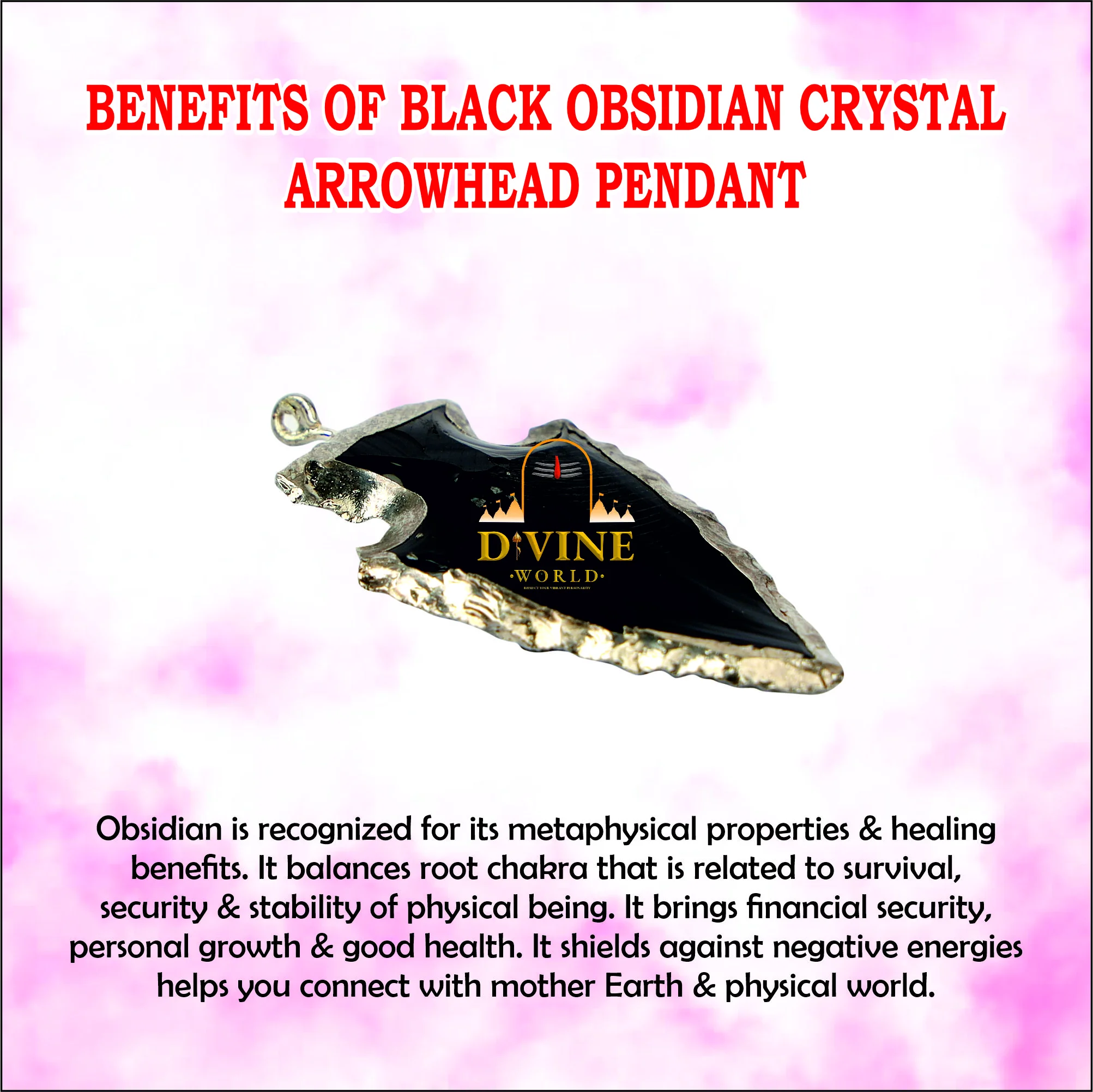 BLACK OBSIDIAN CRYSTAL  ARROWHEAD PENDANT