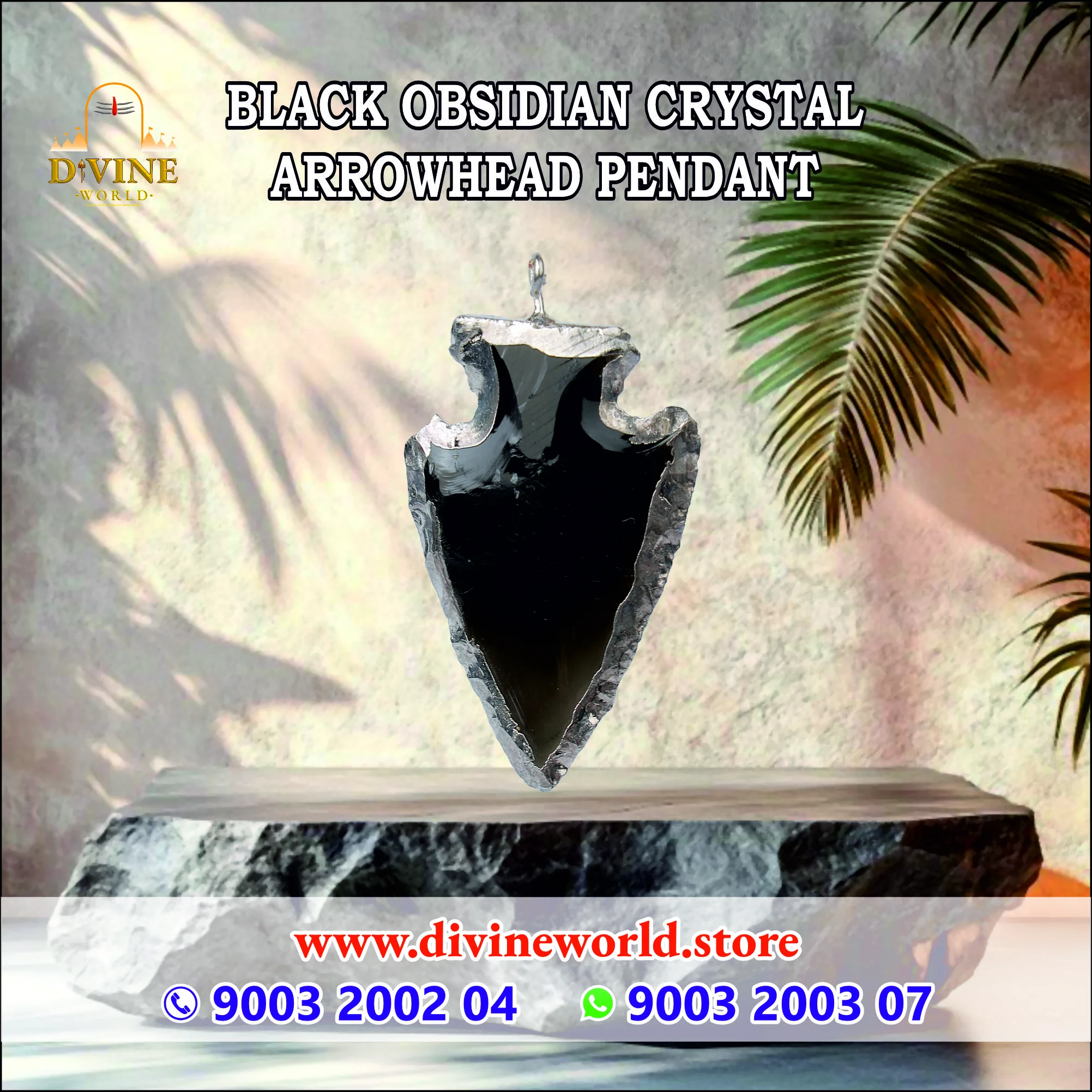 BLACK OBSIDIAN CRYSTAL  ARROWHEAD PENDANT