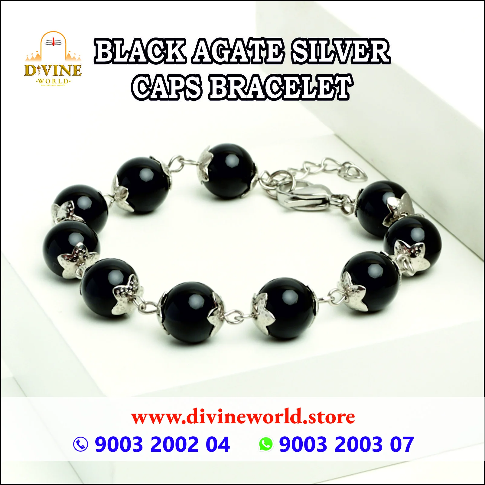 Black Agate Bracelet with Pure Silver Flower Caps