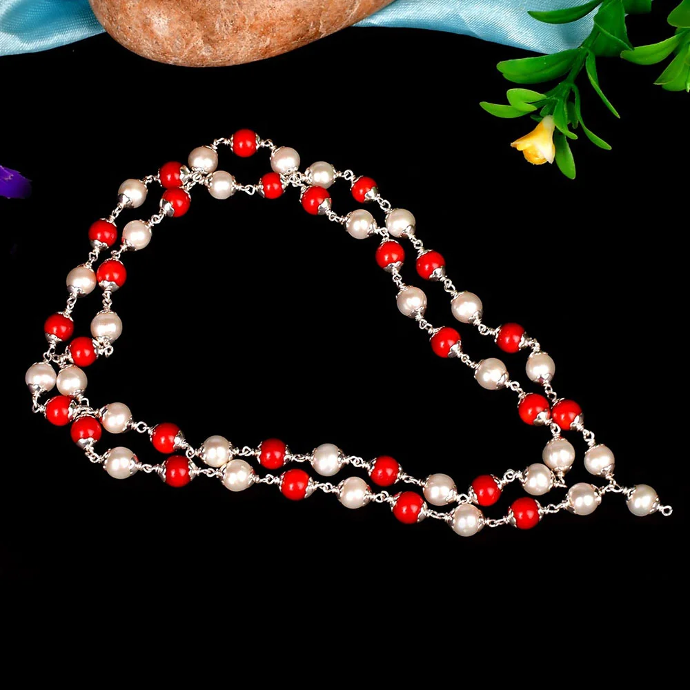 Red Coral and White Pearl Mala (Silver)