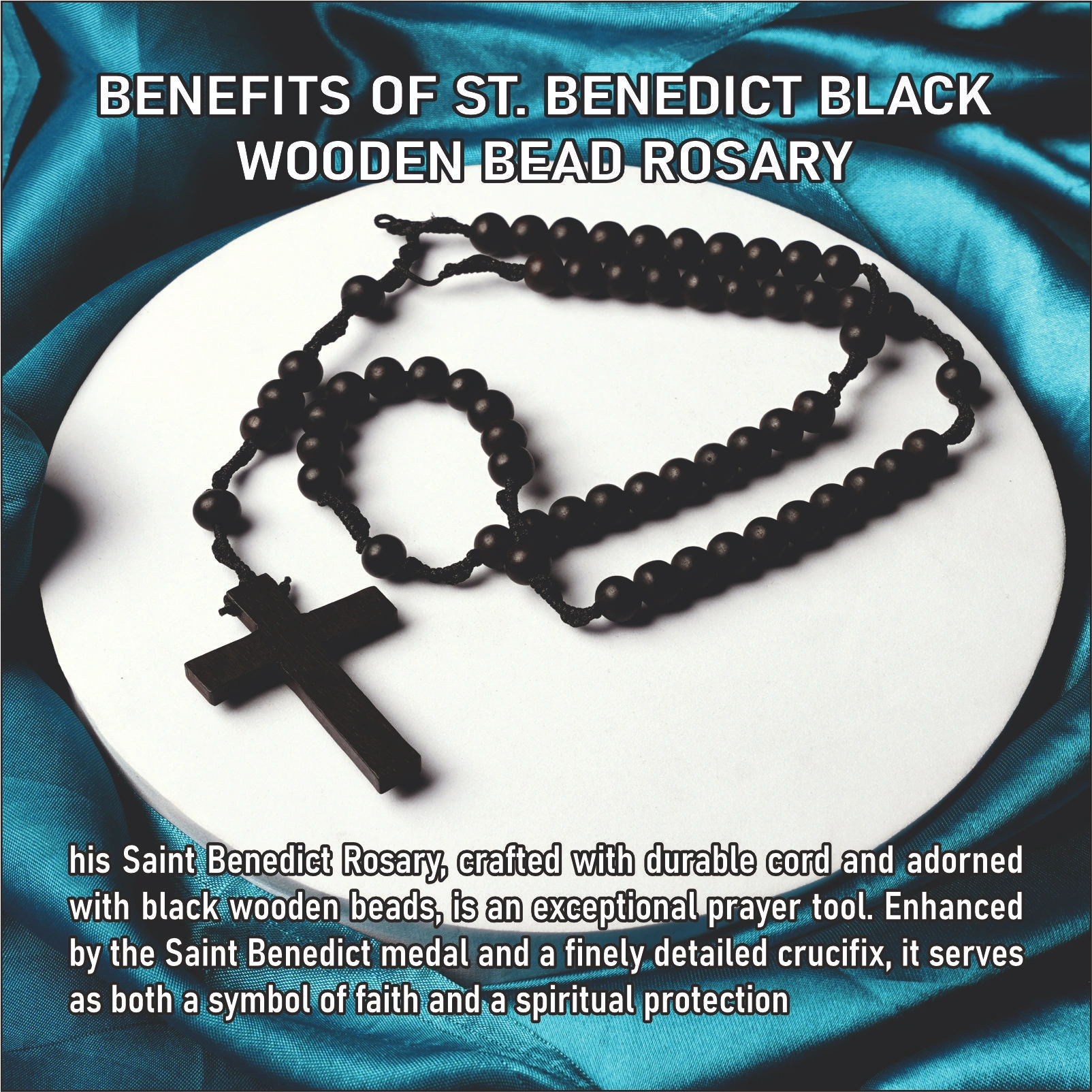 ST. BENEDICT BLACK WOODEN  BEAD ROSARY 