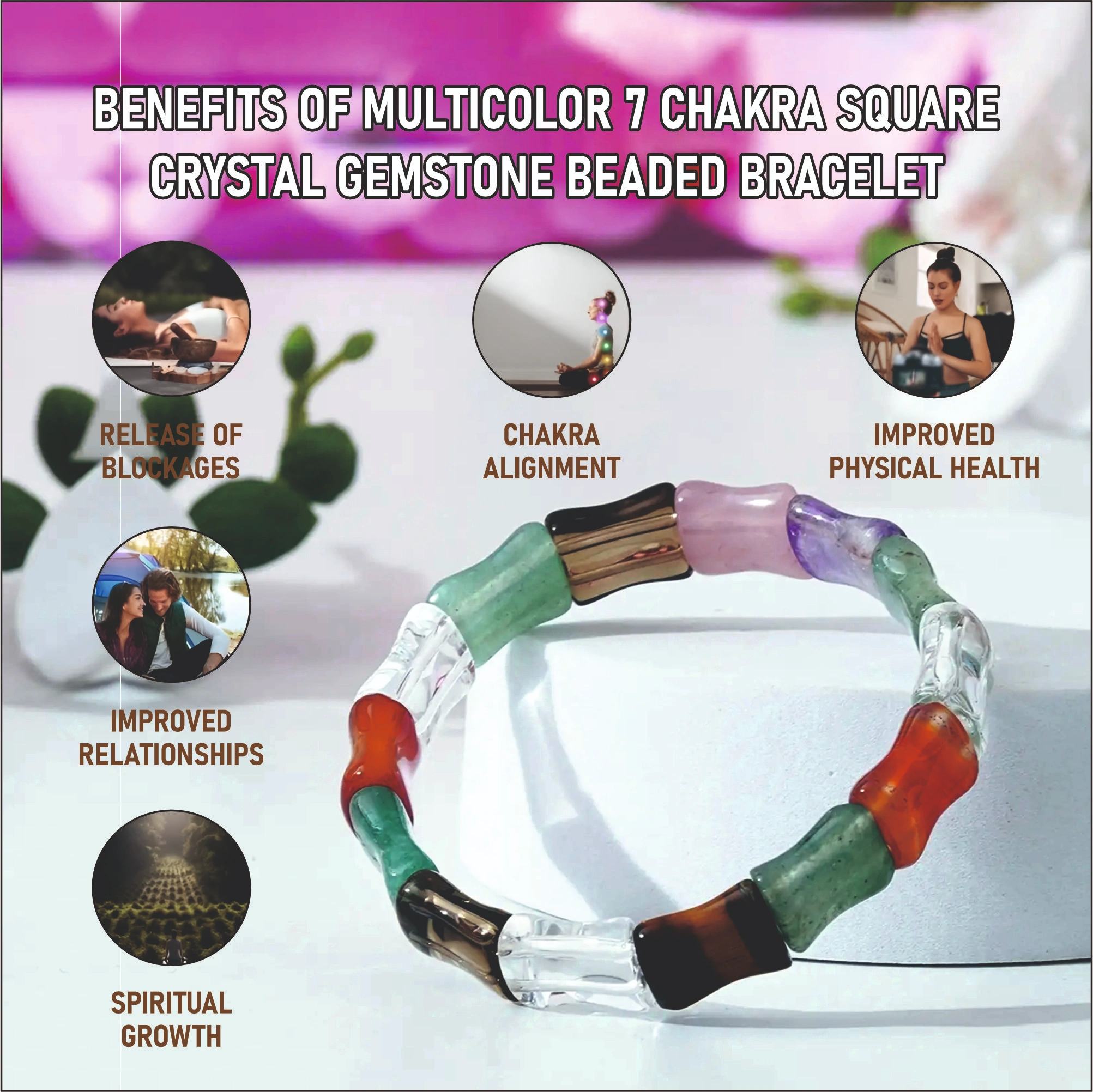 MULTICOLOR 7 CHAKRA SQUARE CRYSTAL GEMSTONE BEADED BRACELET