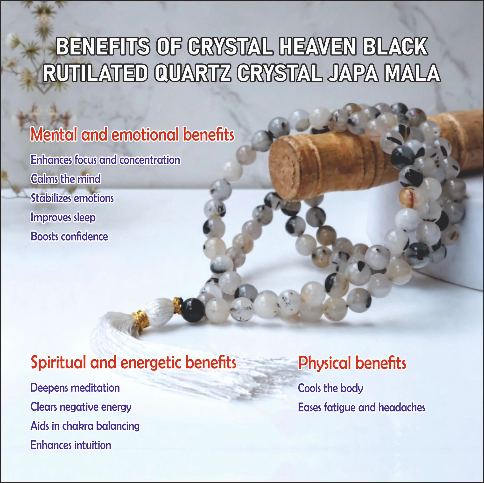 CRYSTAL HEAVEN BLACK RUTILATED  QUARTZ CRYSTAL JAPA MALA