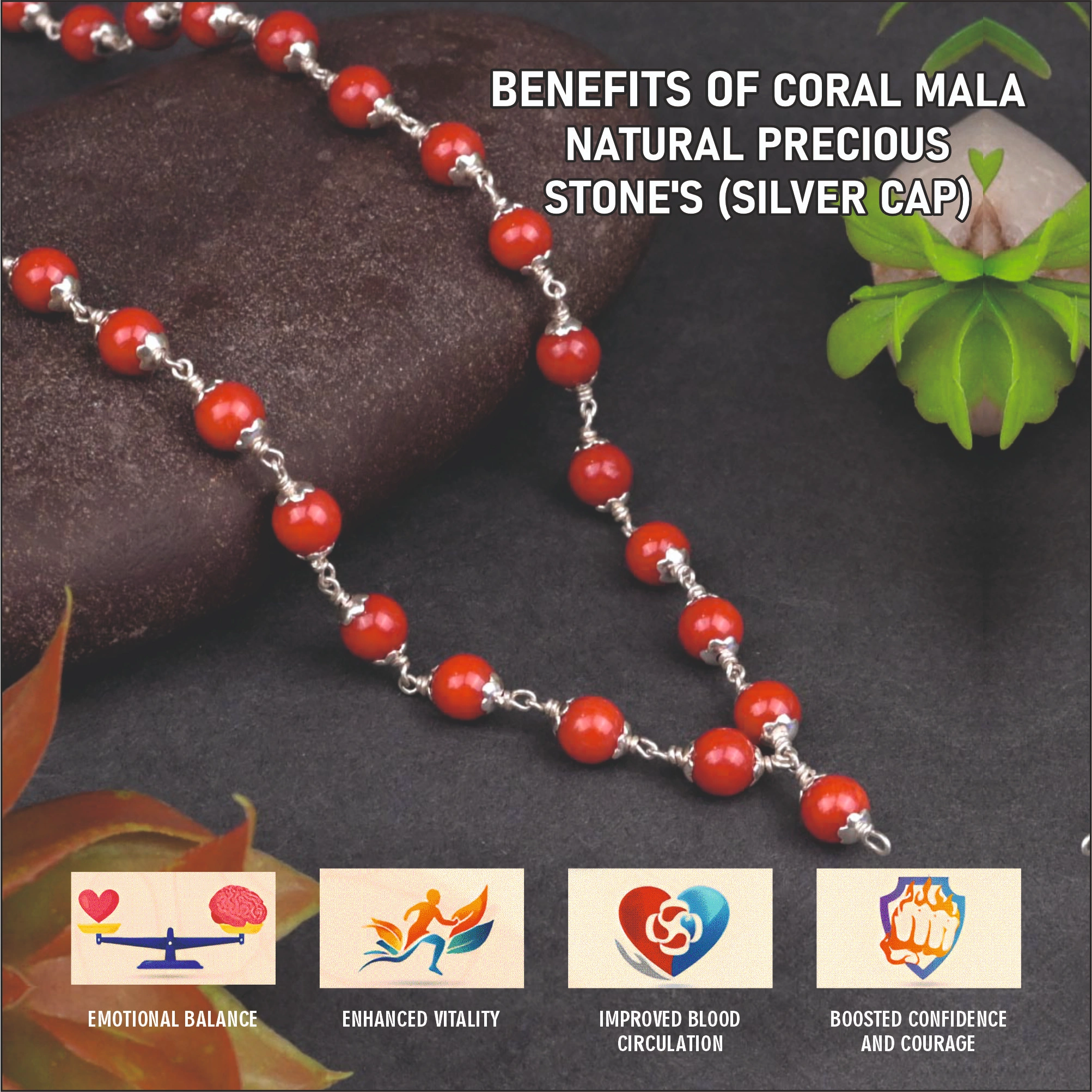 CORAL MALA NATURAL PRECIOUS  STONE'S (SILVER CAP)