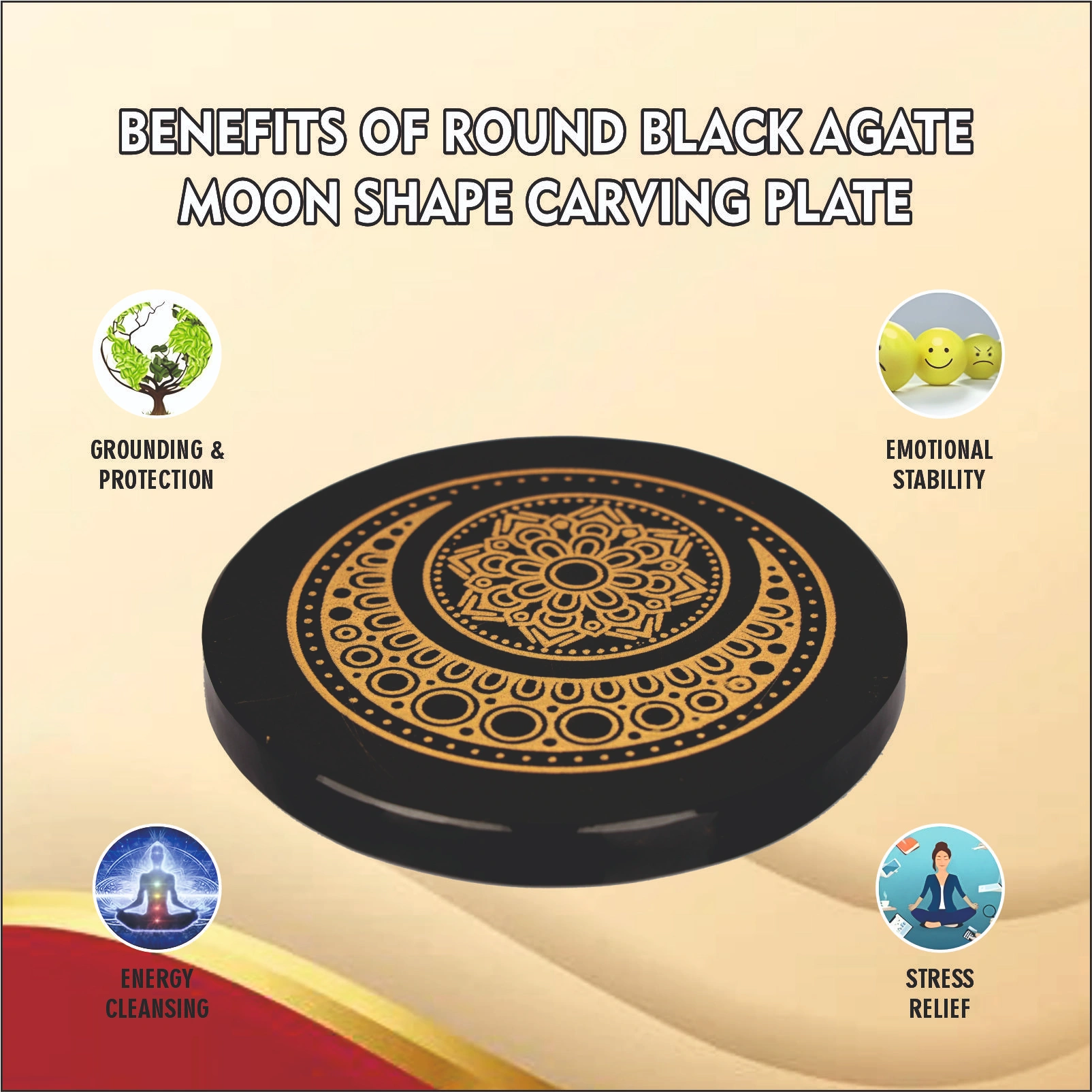 Round Black Agate Moon Shape Carving Plate