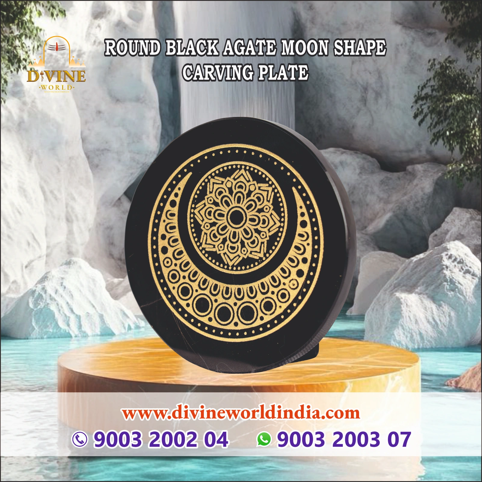 Round Black Agate Moon Shape Carving Plate