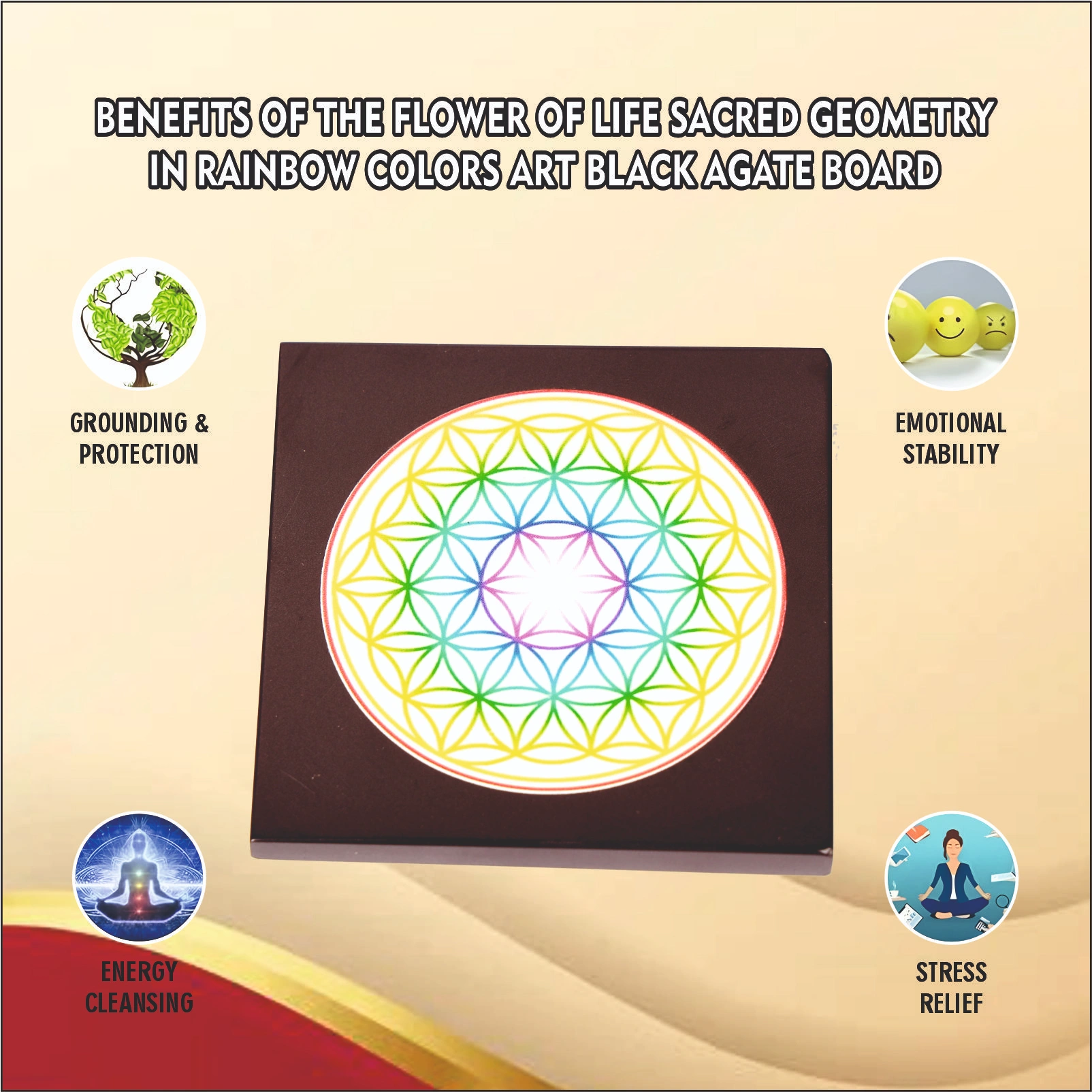 The flower of life sacred geometry in rainbow colors art black agate board