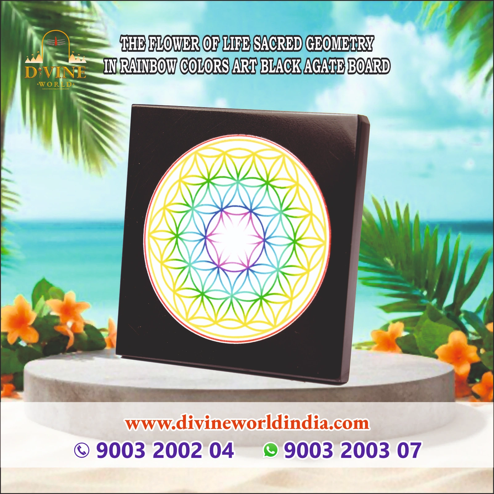 The flower of life sacred geometry in rainbow colors art black agate board