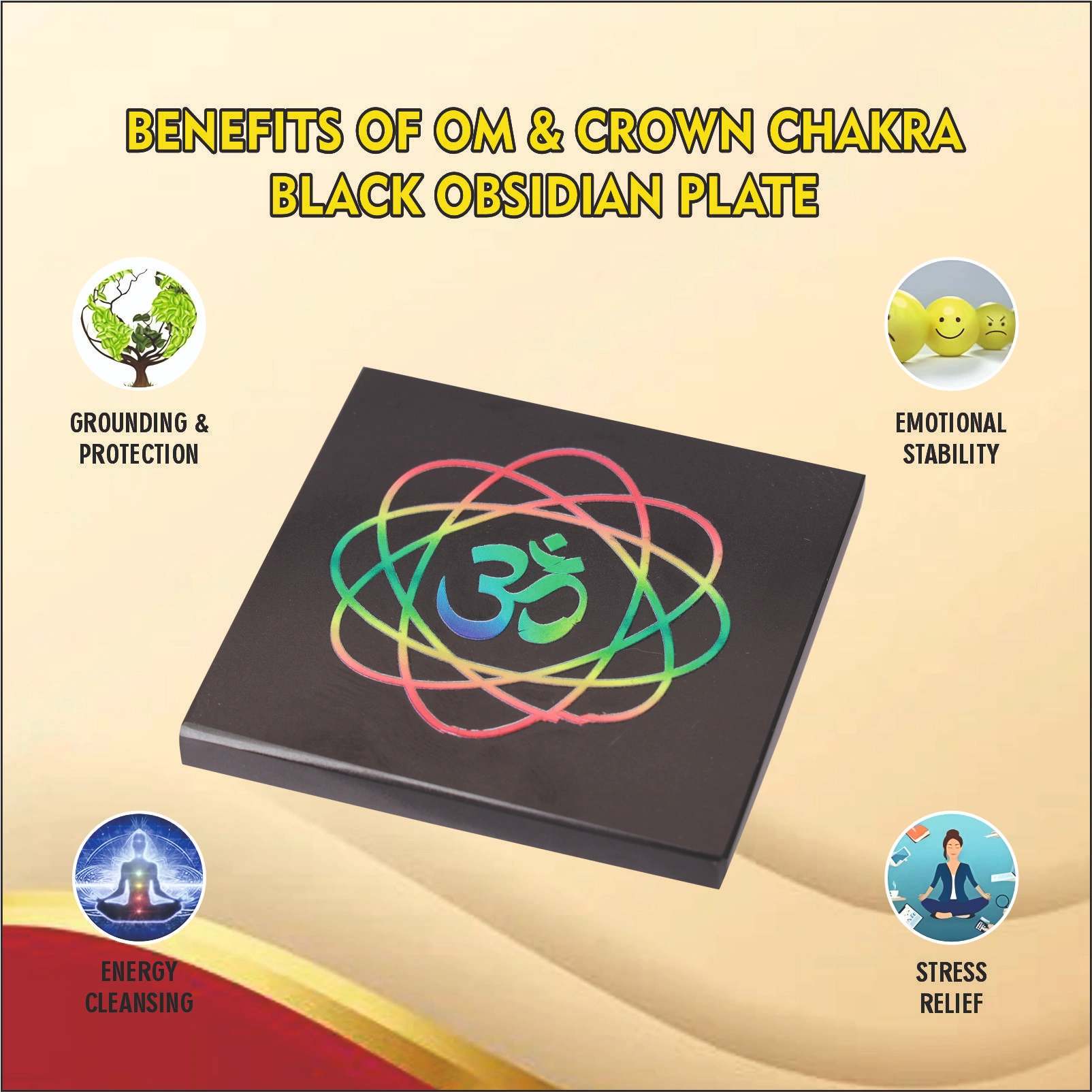 Om & Crown Chakra Black Obsidian Plate