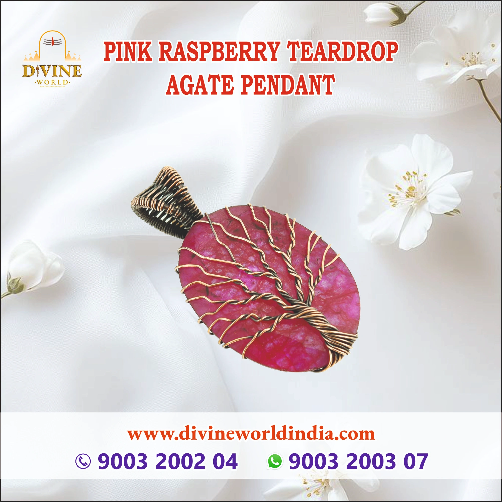 Pink Raspberry Teardrop Agate Pendant 