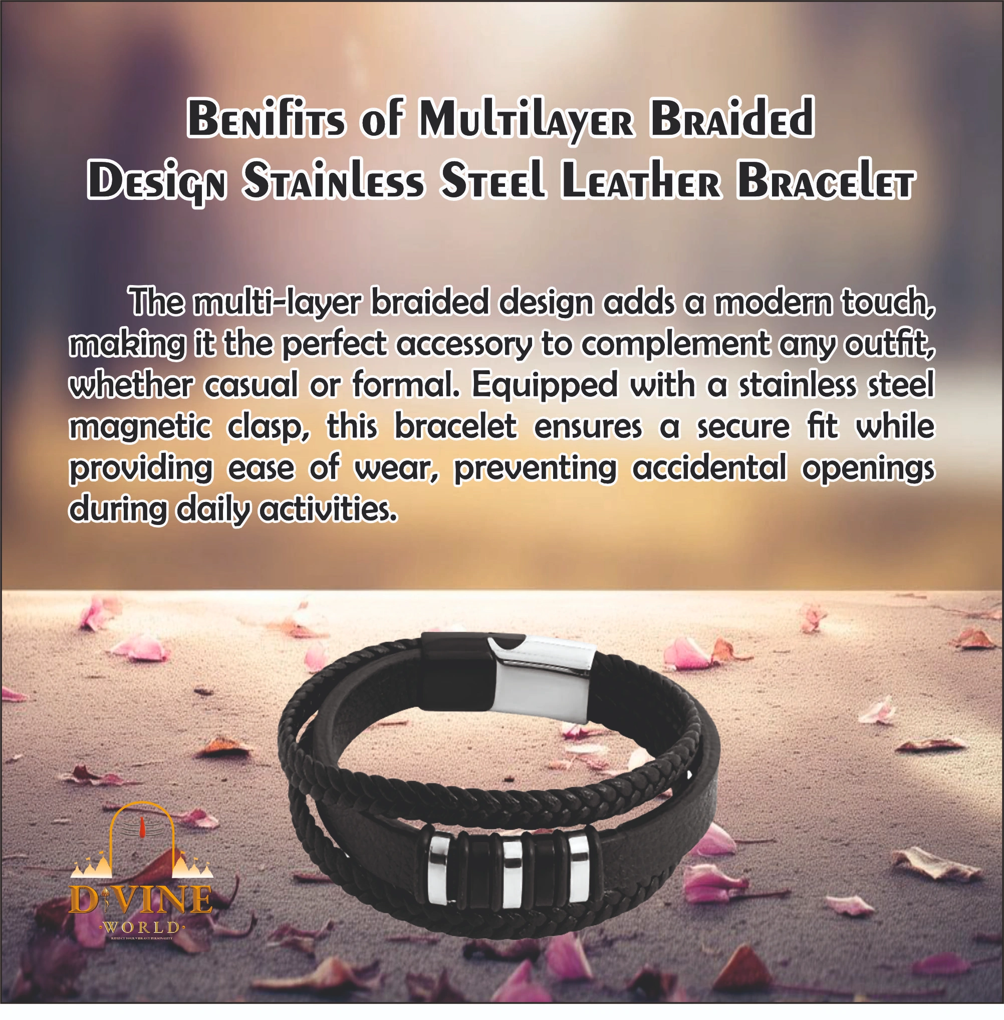  Multilayer Braided Design Stainless Steel Leather Bracelet
