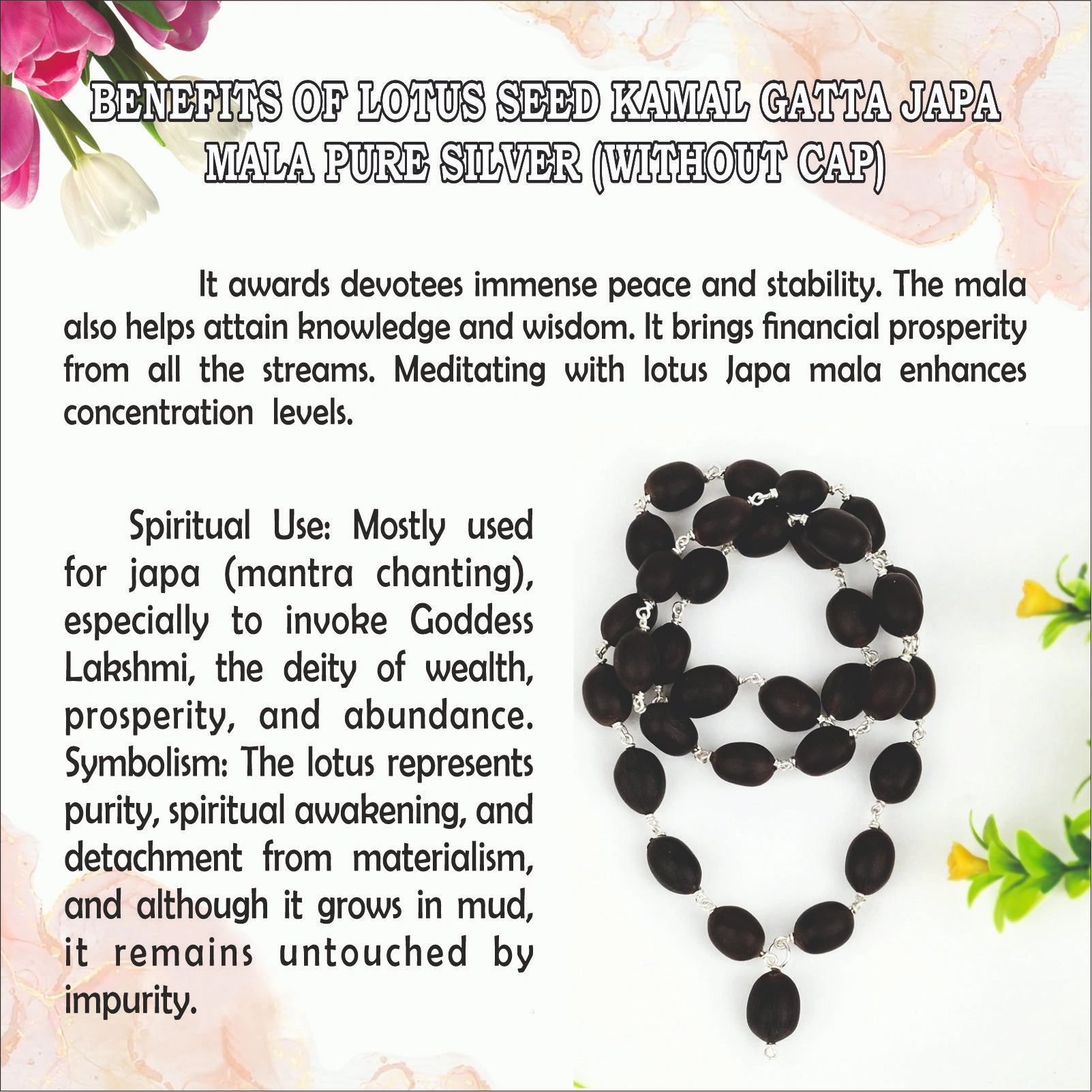 Lotus Seed Kamal Gatta Japa Mala Pure Silver (without cap) mala