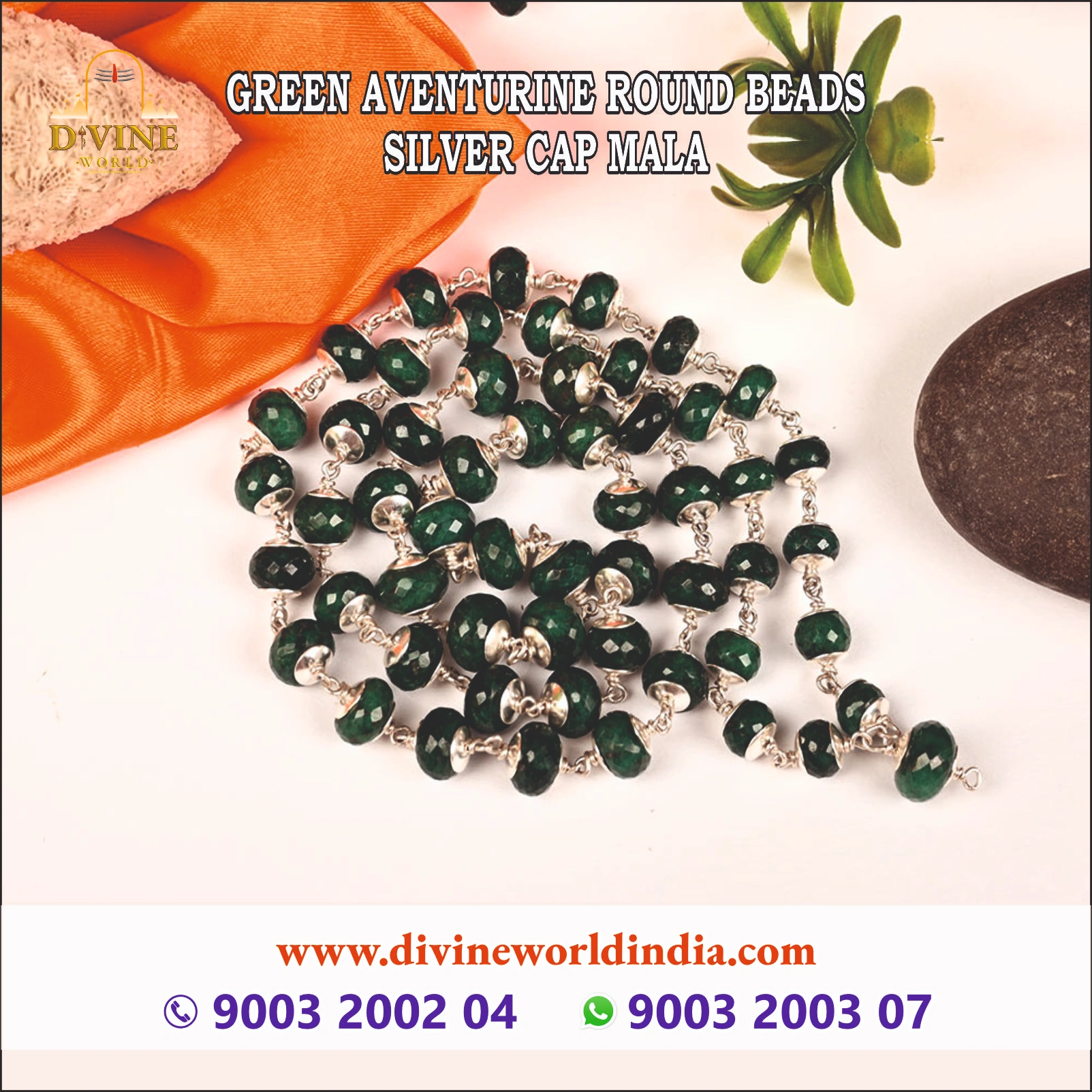 GREEN AVENTURINE ROUND BEADS SILVER CAP MALA