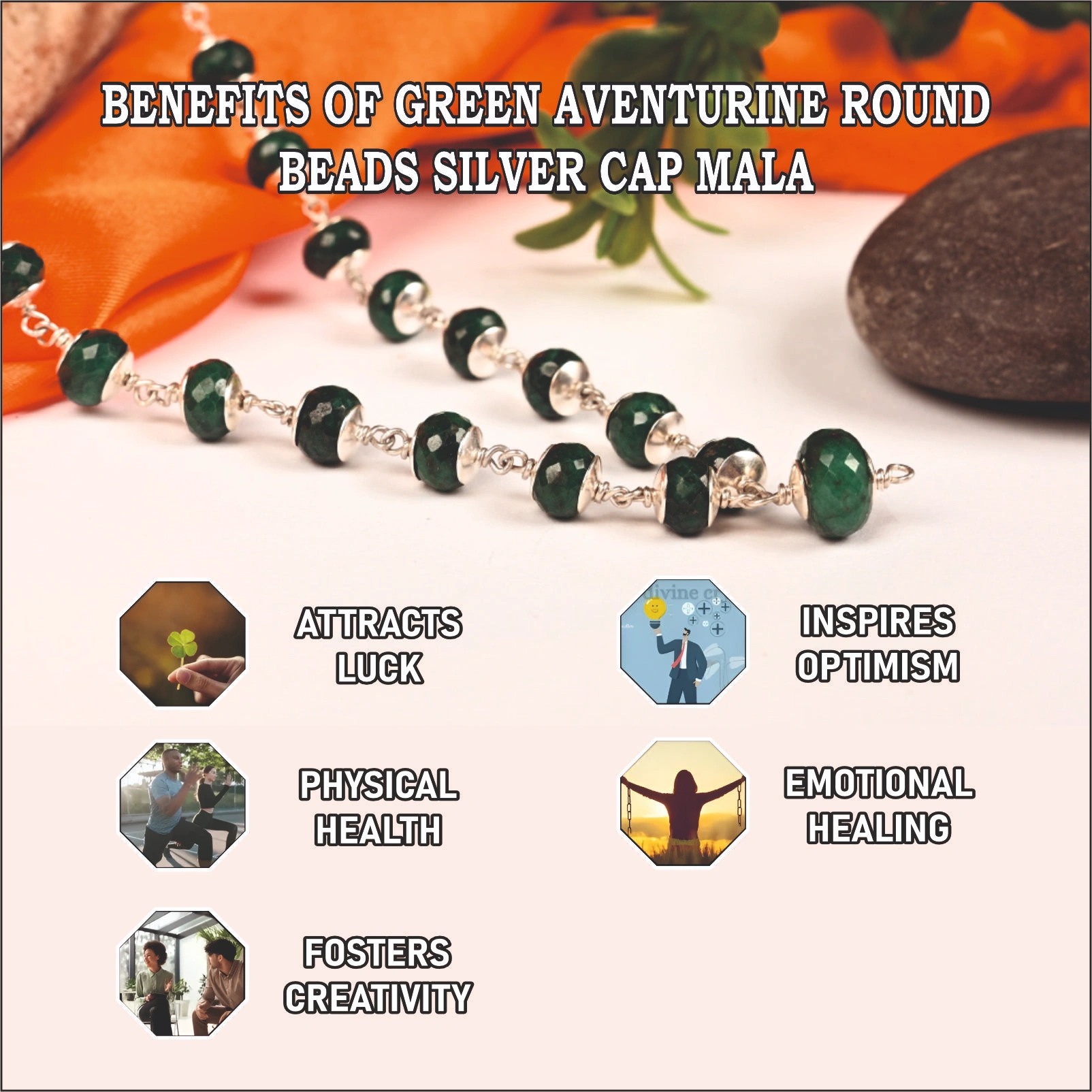 GREEN AVENTURINE ROUND BEADS SILVER CAP MALA