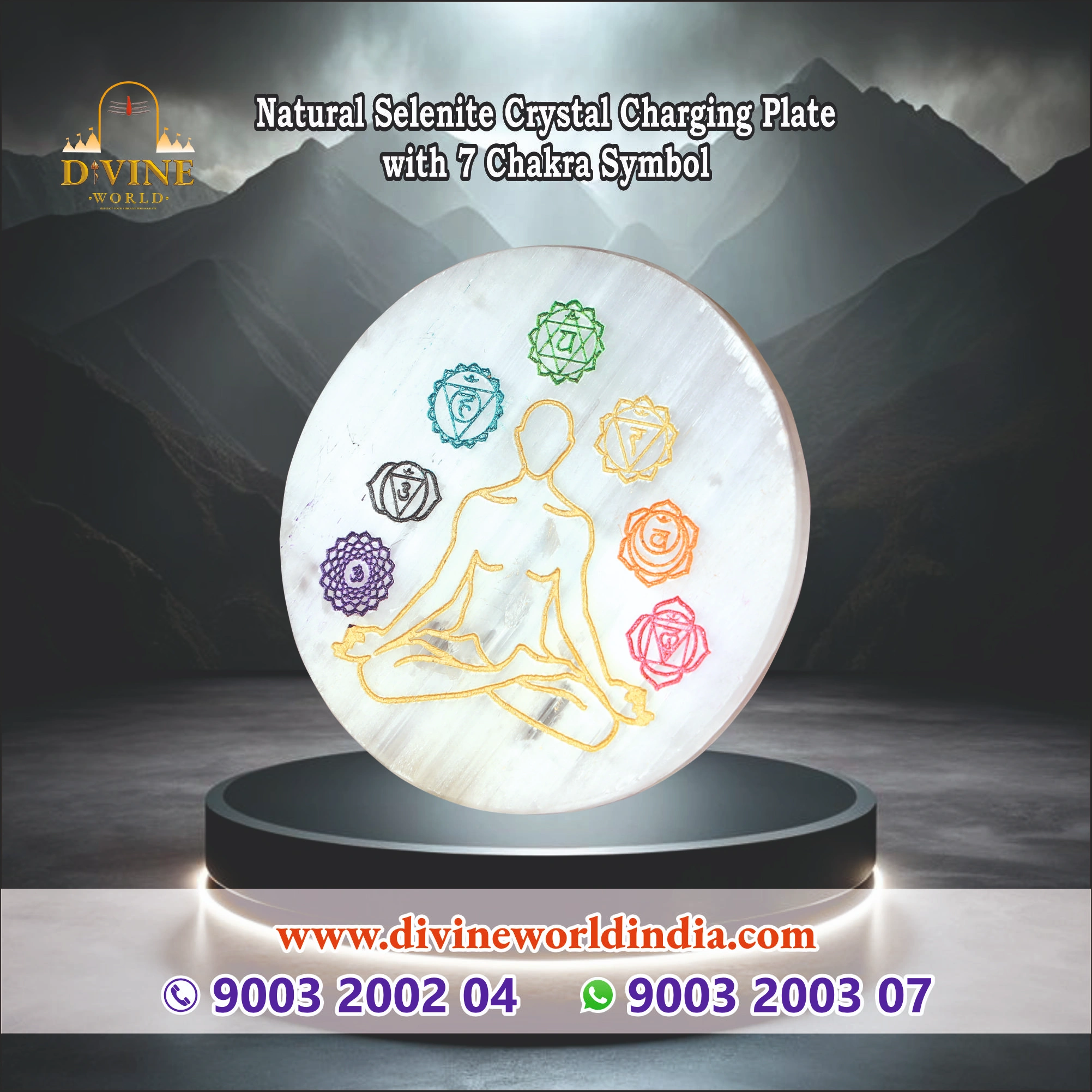 Natural Selenite Crystal Charging Plate  with 7 Chakra Symbol