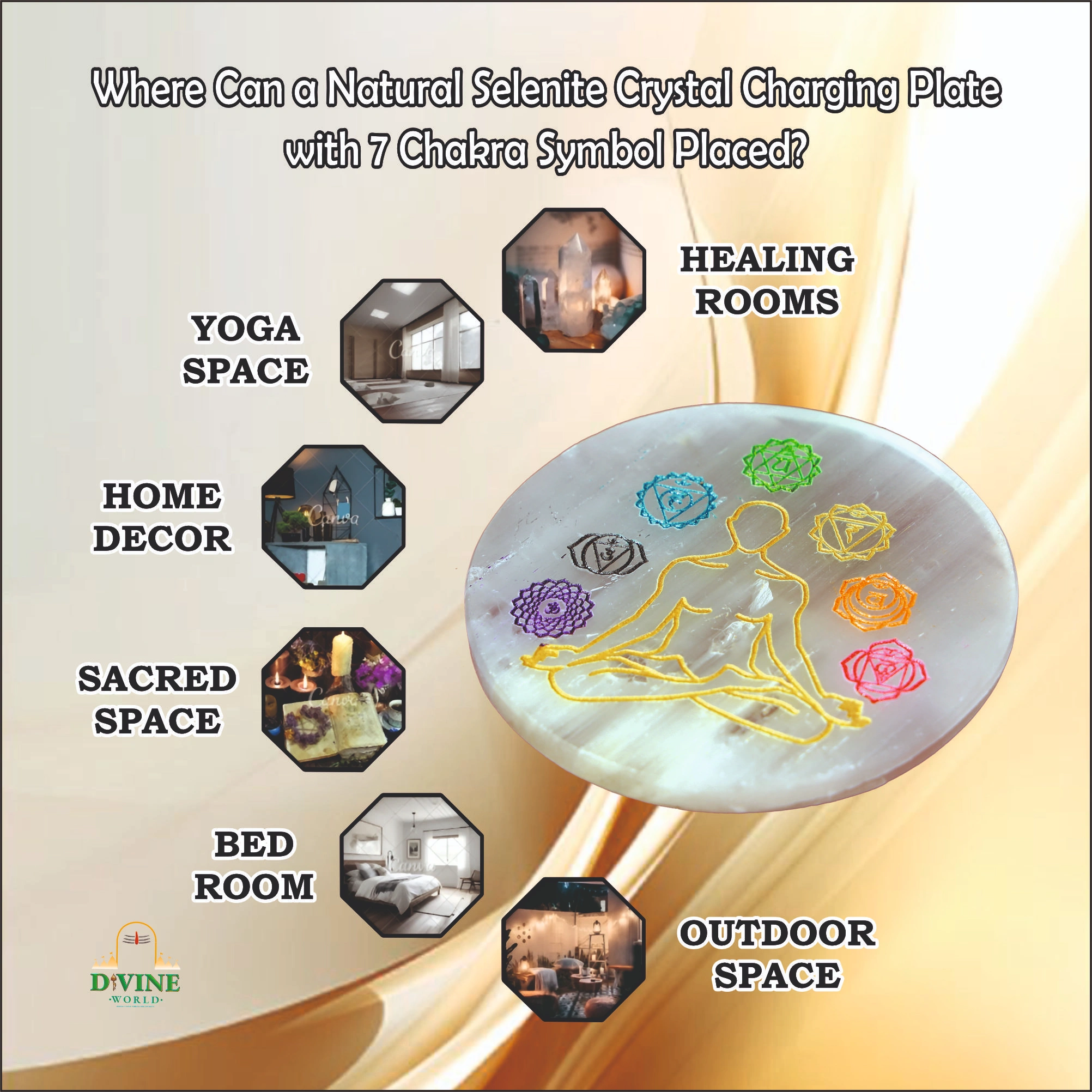 Natural Selenite Crystal Charging Plate  with 7 Chakra Symbol