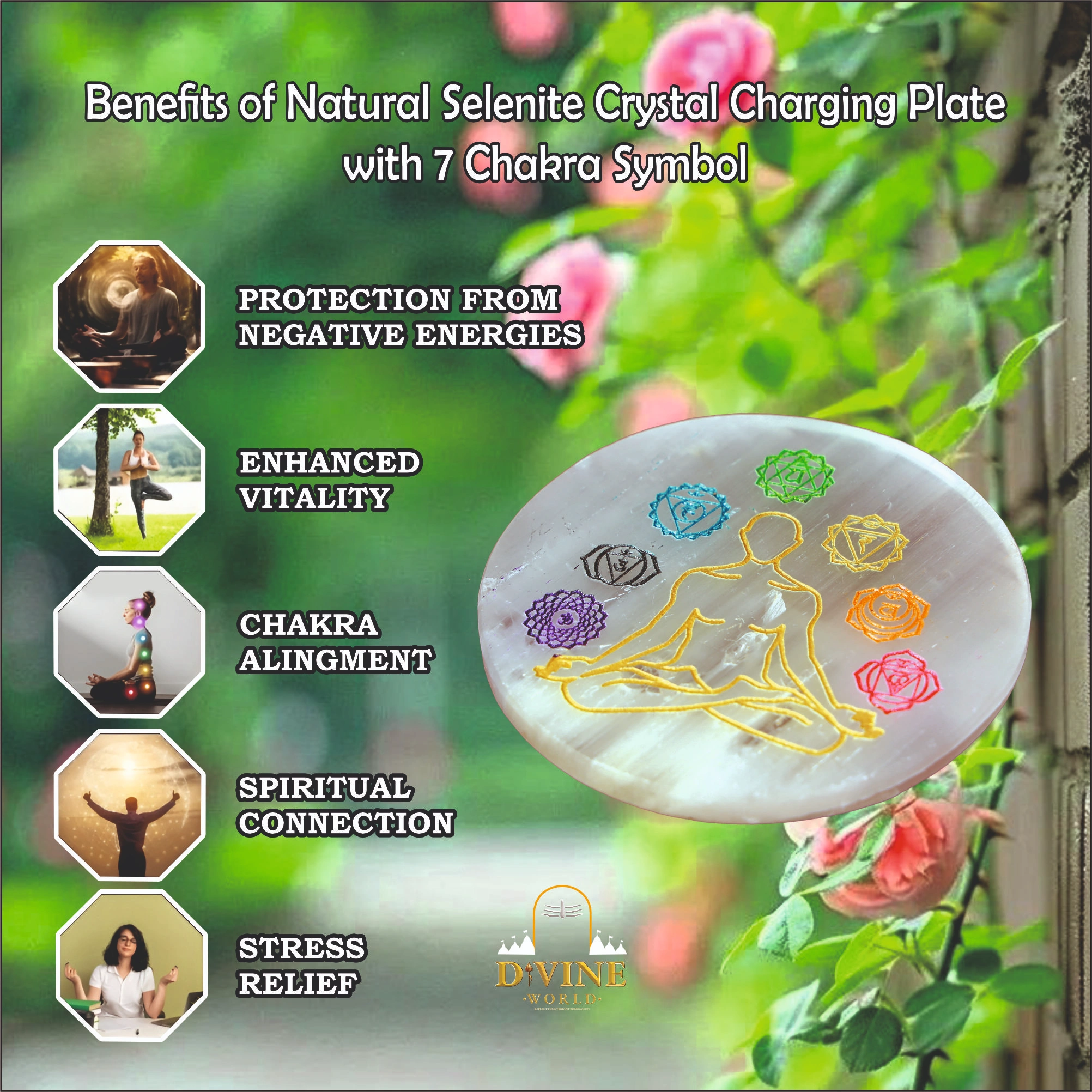 Natural Selenite Crystal Charging Plate  with 7 Chakra Symbol