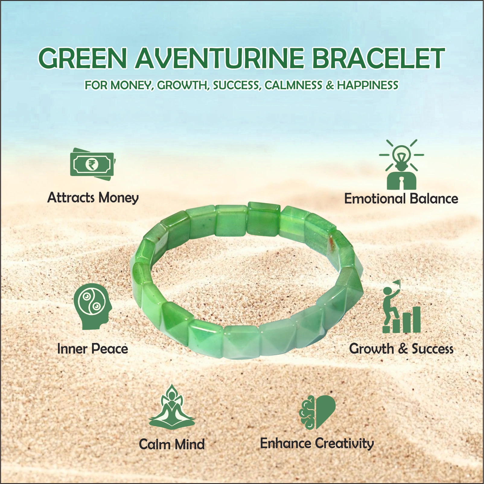 GREEN AVENTURINE PYRAMID SHAPED CRYSTAL STRETCH BRACELET