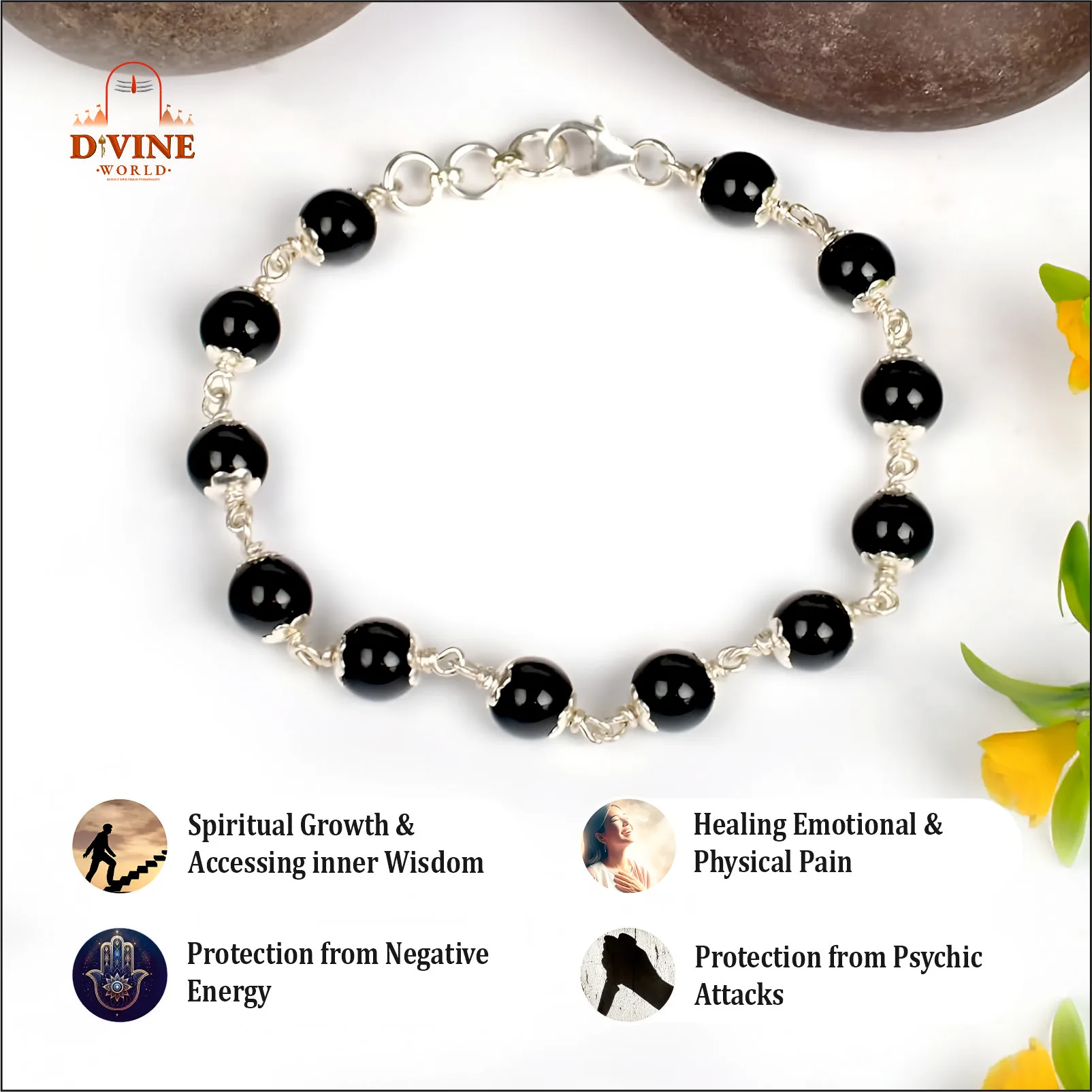 Black Agate Bracelet with Pure Silver Flower Caps