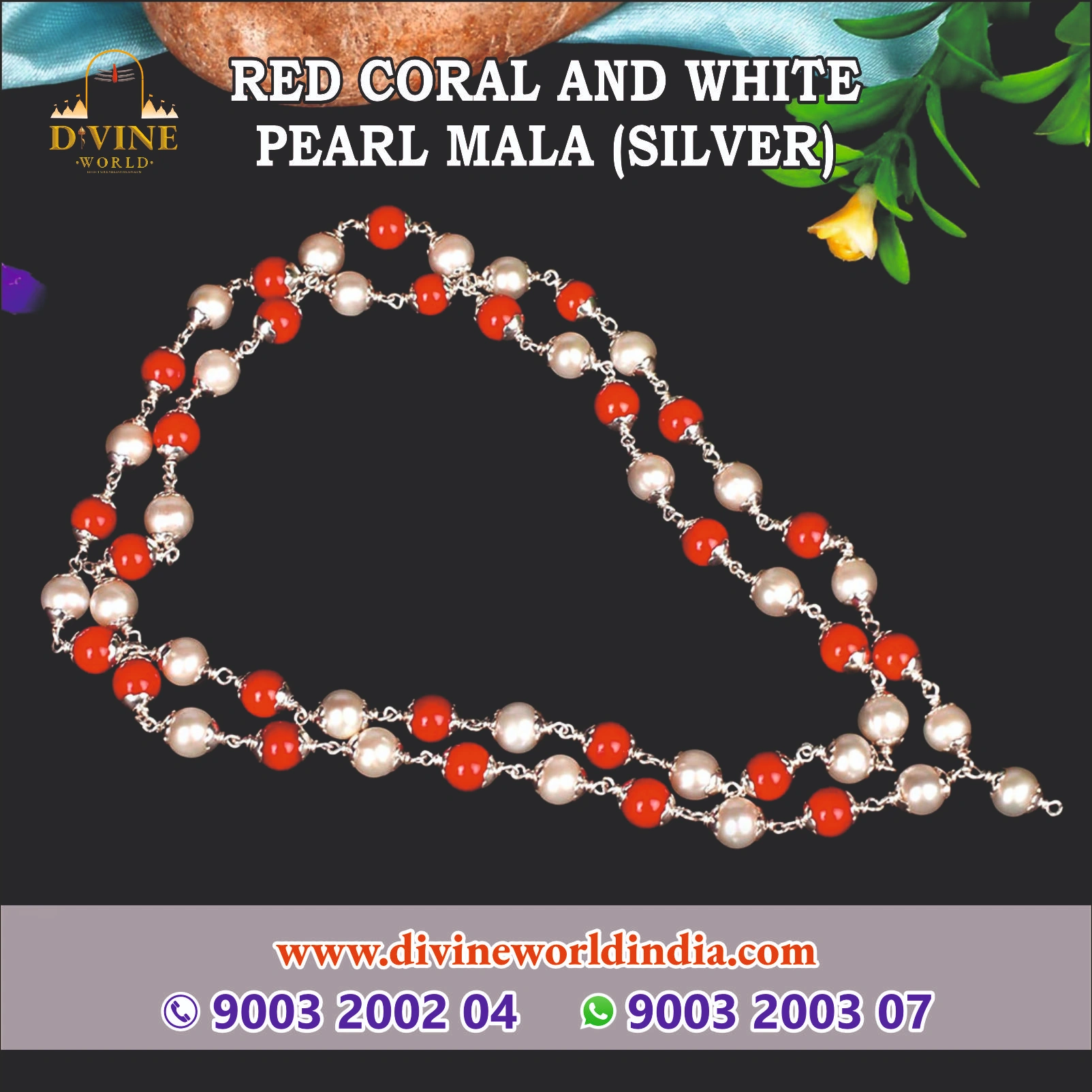 Red Coral and White Pearl Mala (Silver)