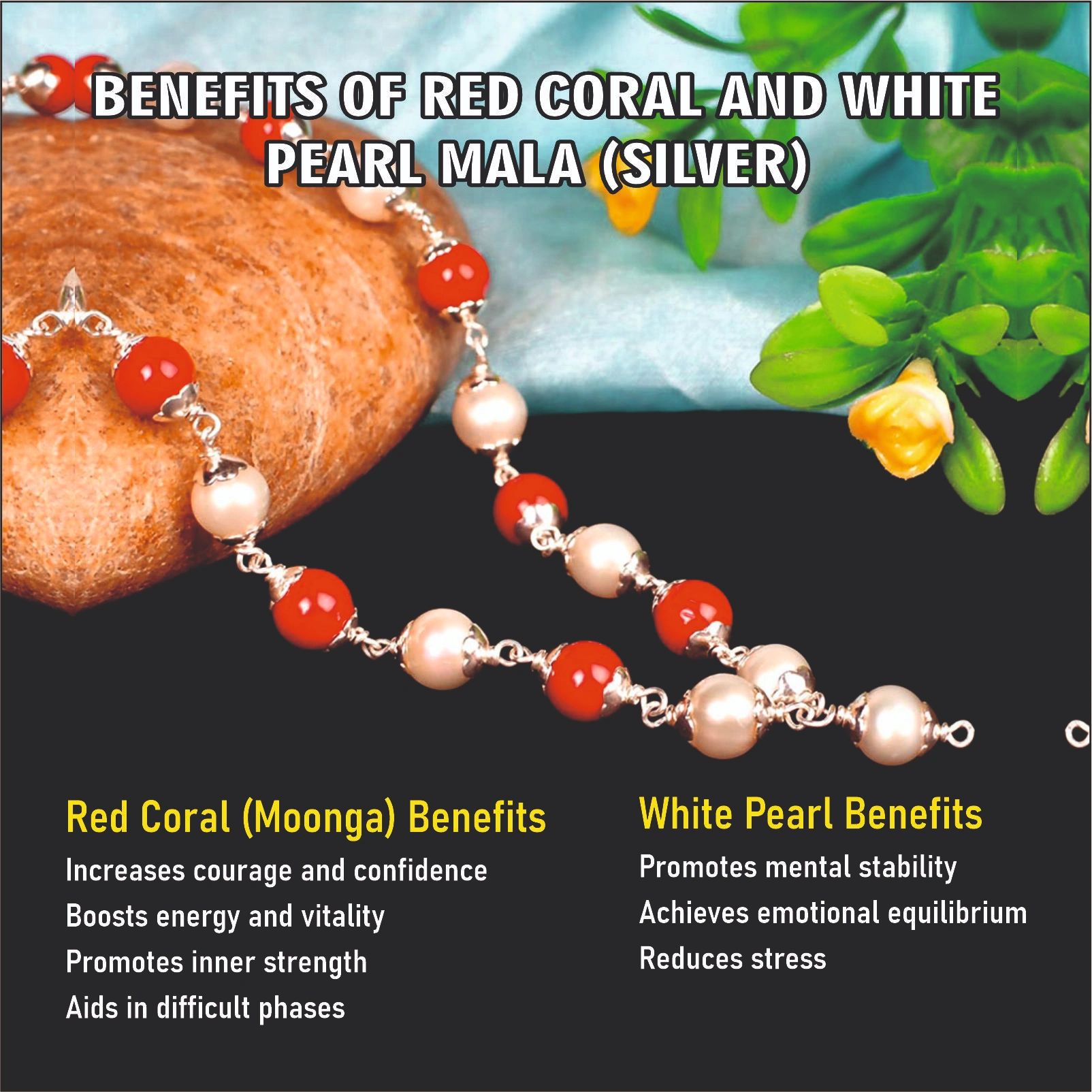 Red Coral and White Pearl Mala (Silver)