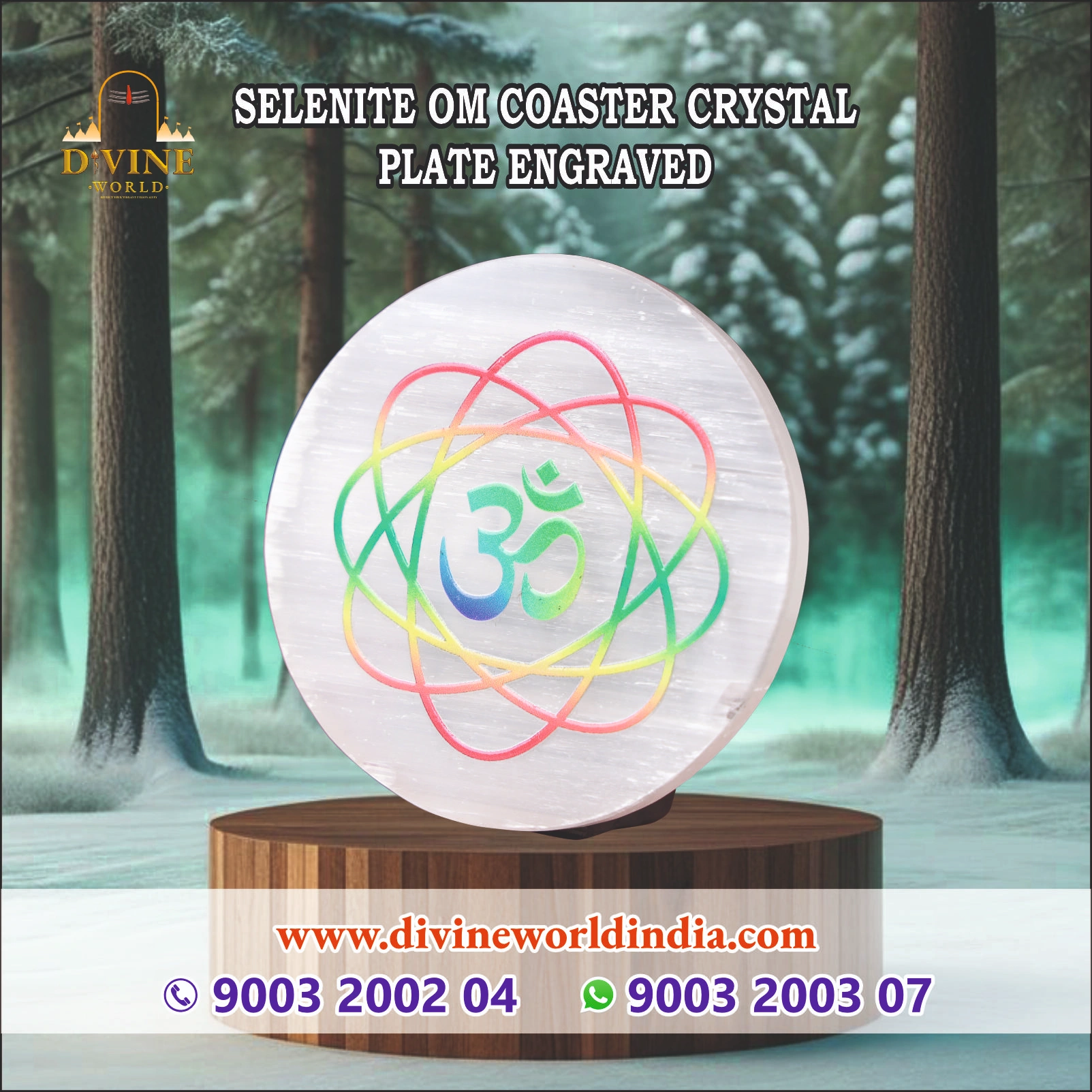 Selenite Om Coaster crystal plate engraved