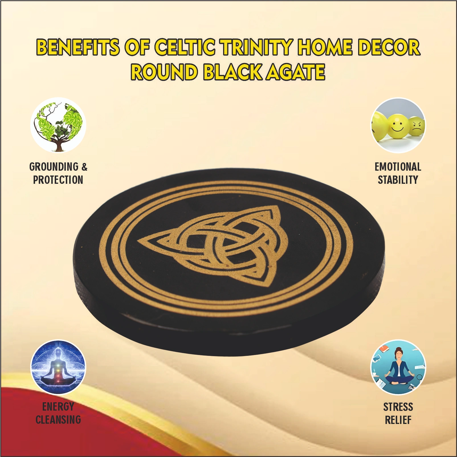 Celtic Trinity Home Decor Round Black Agate  