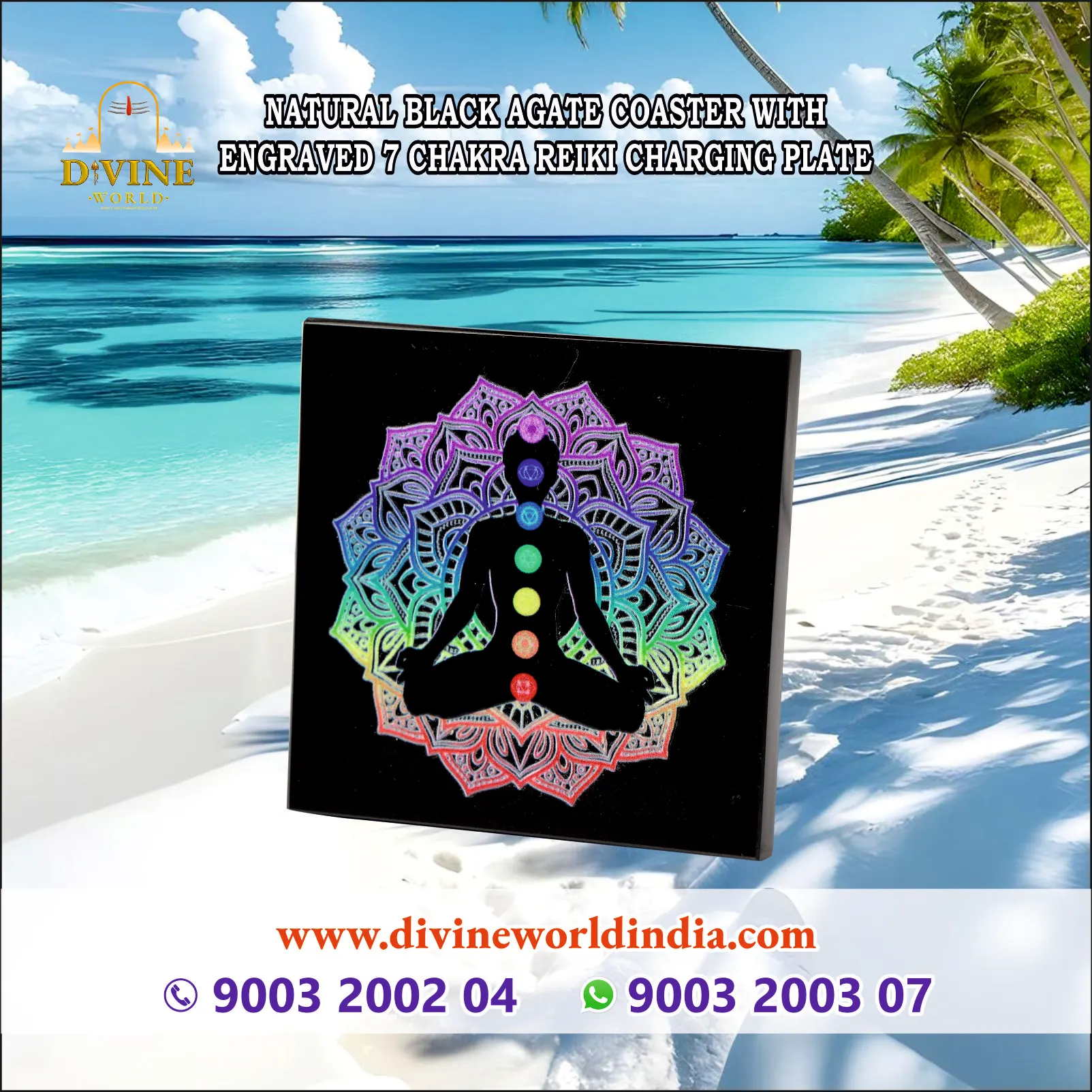 Black Agate Coaster with Engraved 7 Chakra Reiki Charging Plate