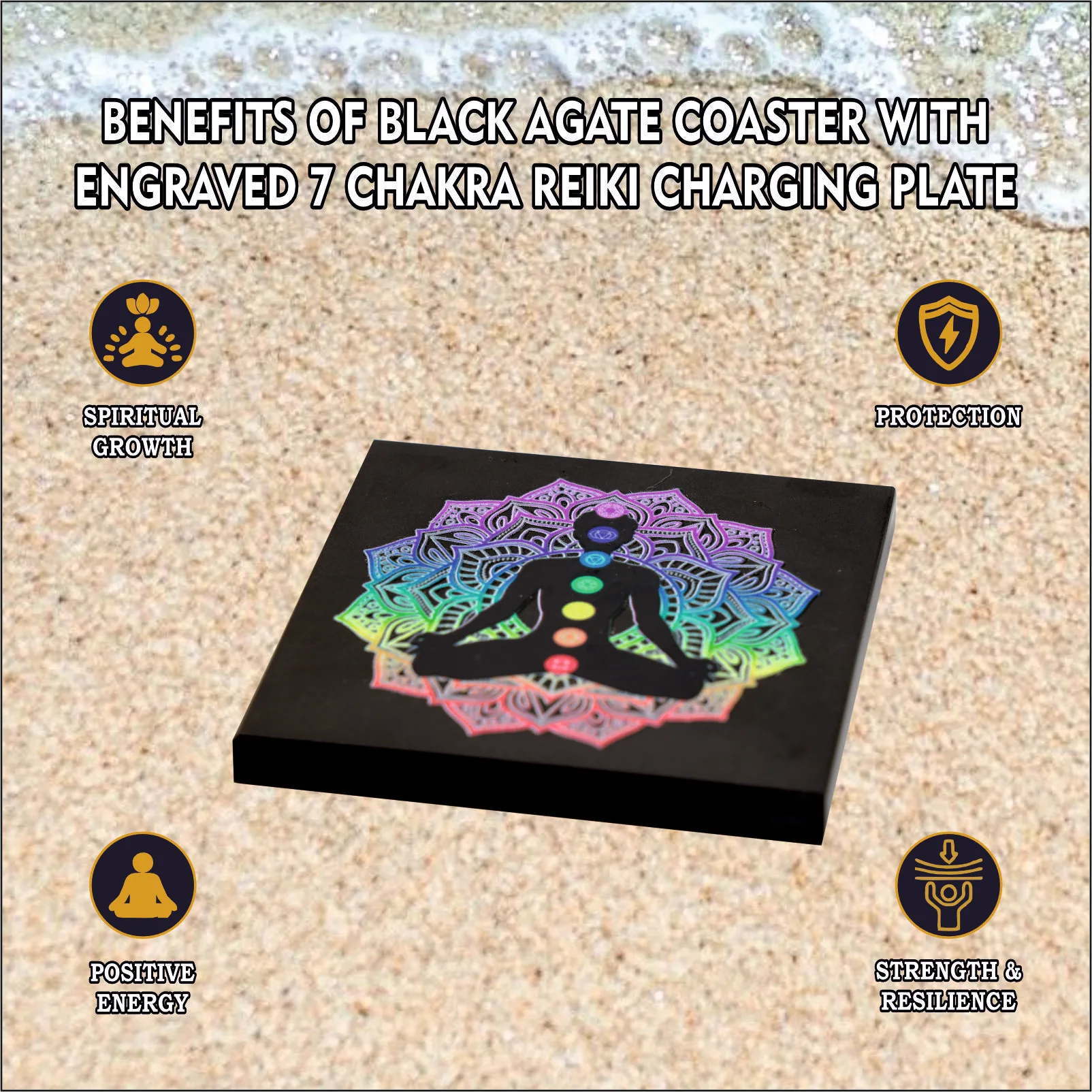Black Agate Coaster with Engraved 7 Chakra Reiki Charging Plate