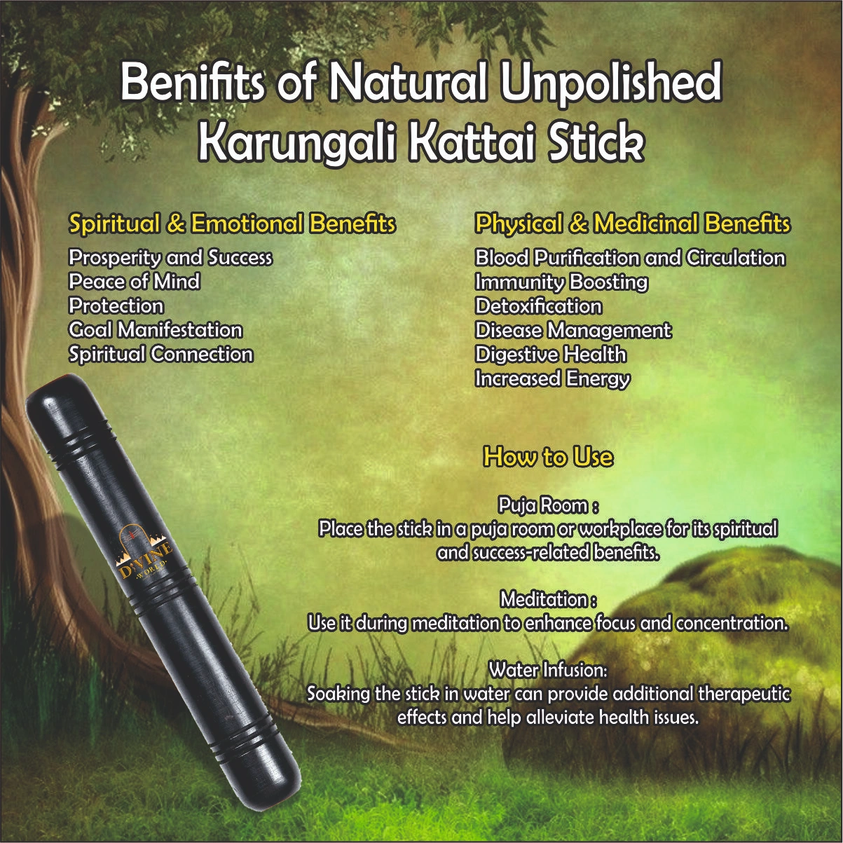 Natural Unpolished Karungali Kattai Stick