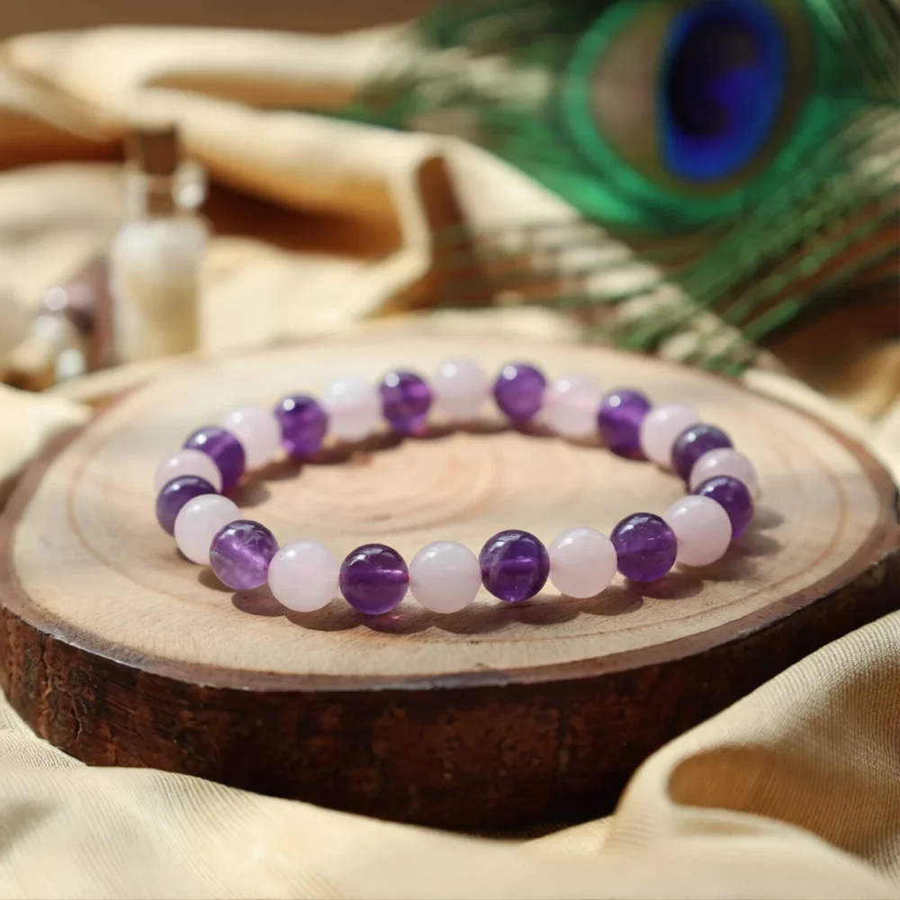 NATURAL AMETHYST,  ROSE QUARTZ  BRACELET