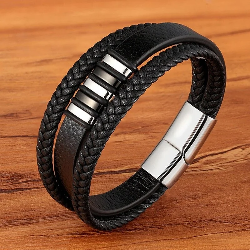  Multilayer Braided Design Stainless Steel Leather Bracelet