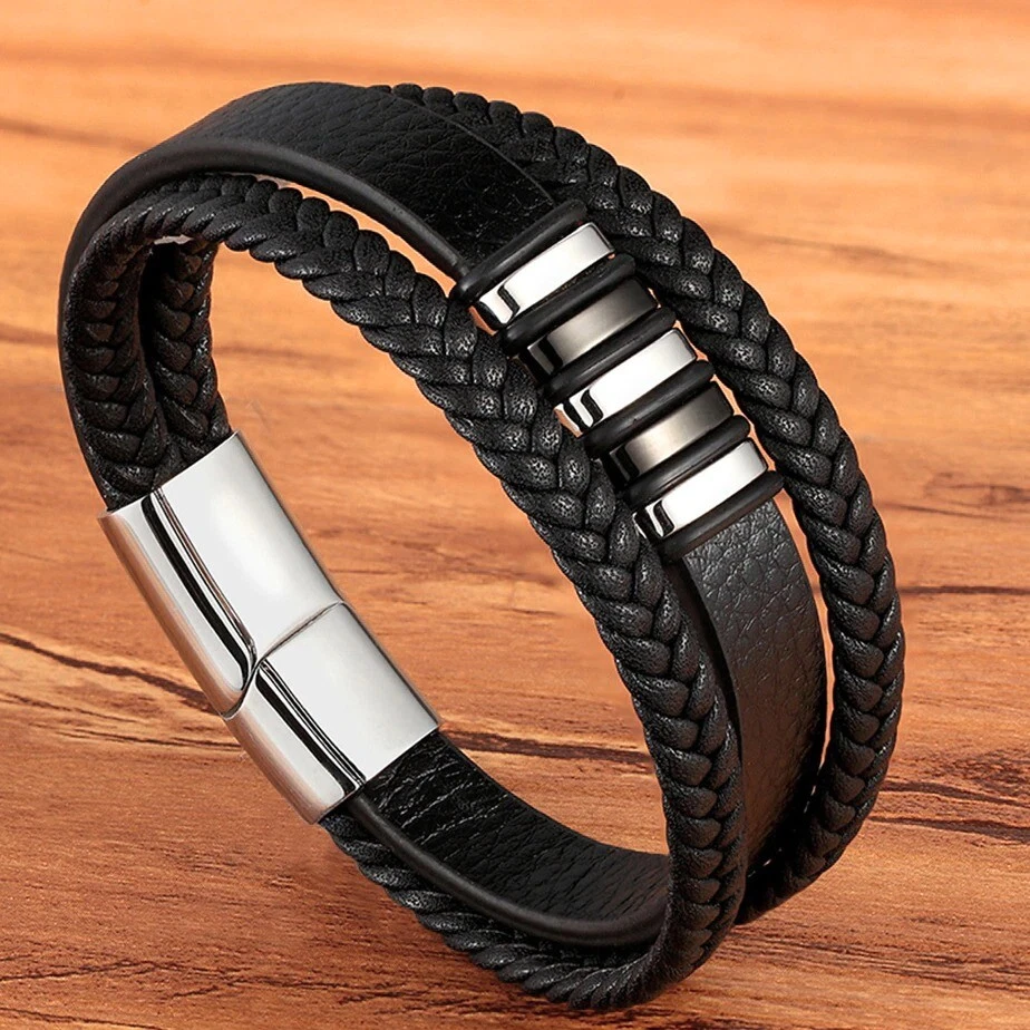  Multilayer Braided Design Stainless Steel Leather Bracelet