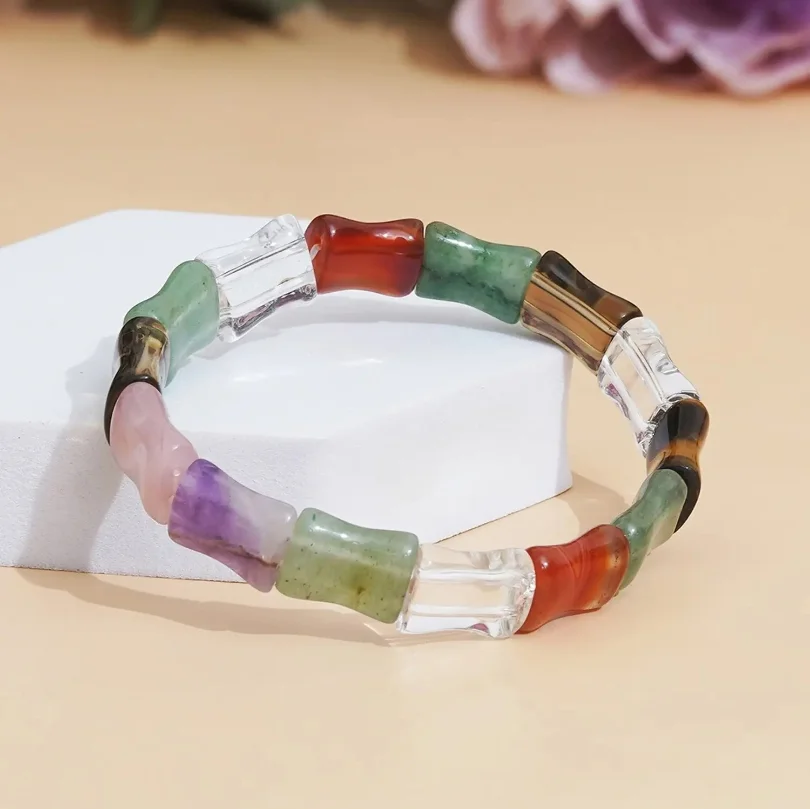 MULTICOLOR 7 CHAKRA SQUARE CRYSTAL GEMSTONE BEADED BRACELET