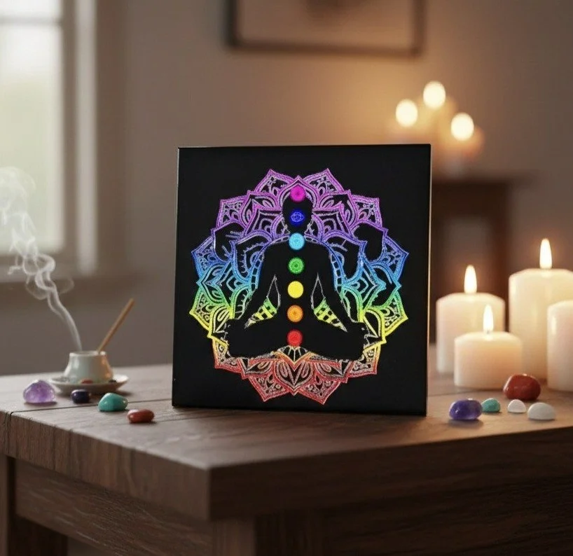Black Agate Coaster with Engraved 7 Chakra Reiki Charging Plate