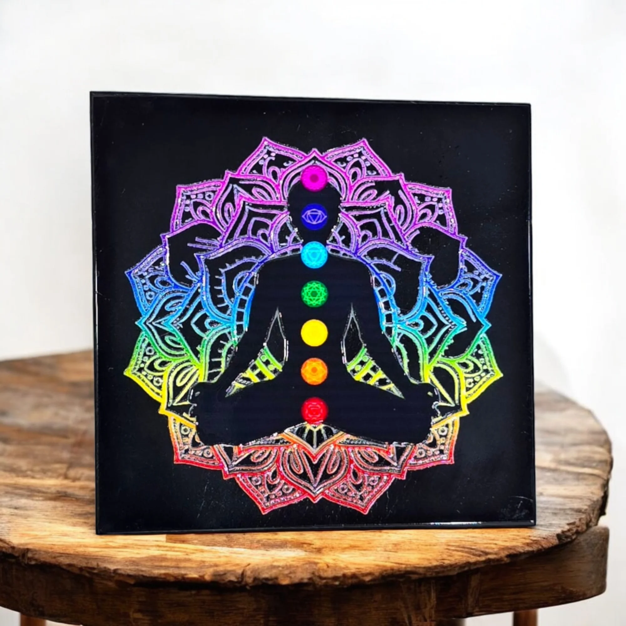 Black Agate Coaster with Engraved 7 Chakra Reiki Charging Plate