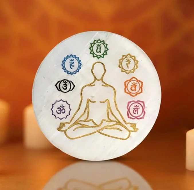 Natural Selenite Crystal Charging Plate  with 7 Chakra Symbol