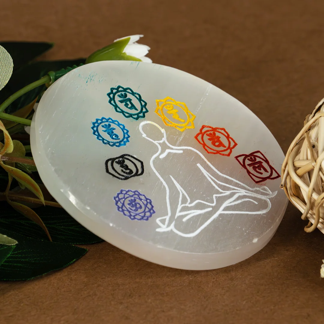 Natural Selenite Crystal Charging Plate  with 7 Chakra Symbol