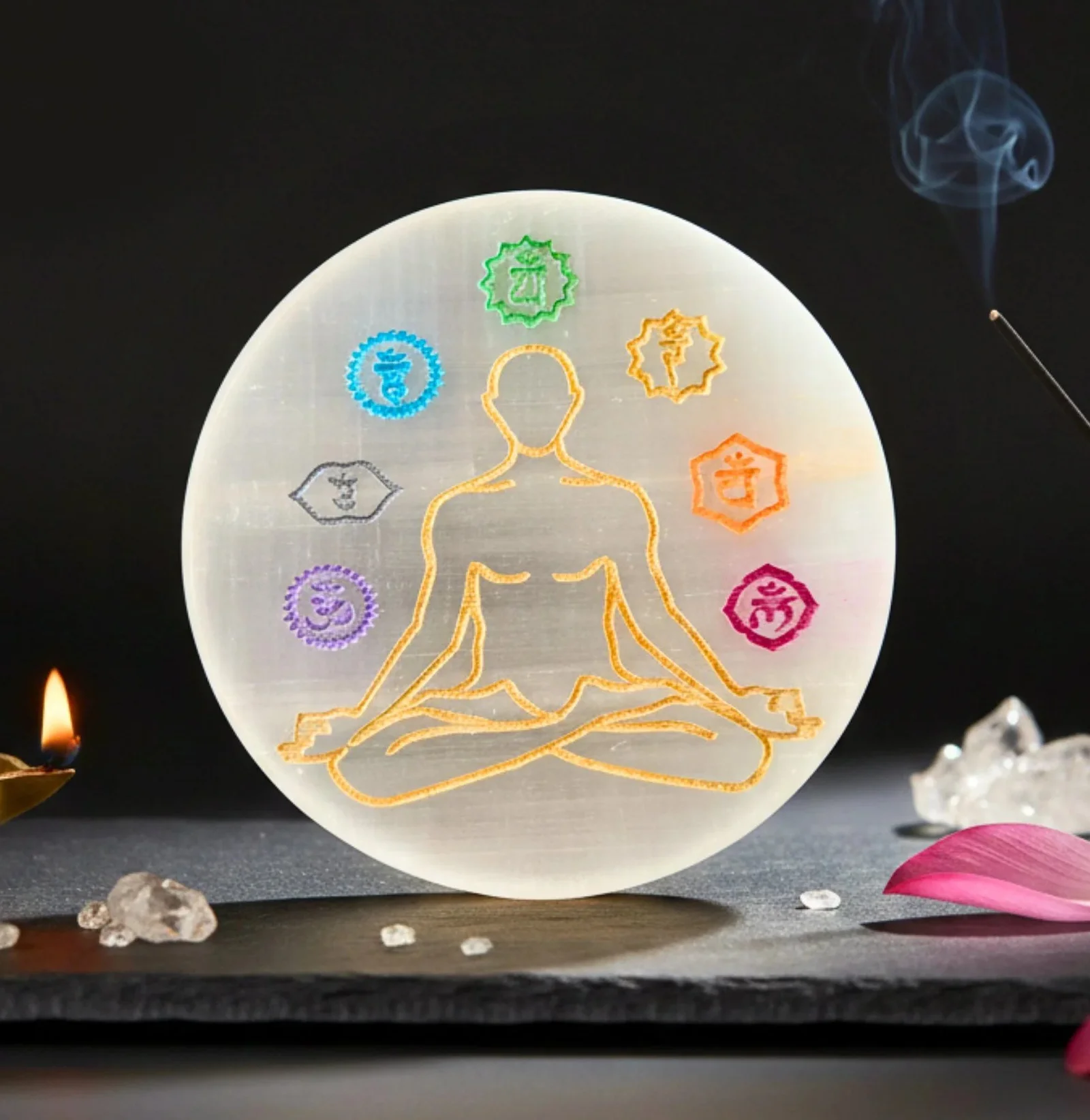 Natural Selenite Crystal Charging Plate  with 7 Chakra Symbol