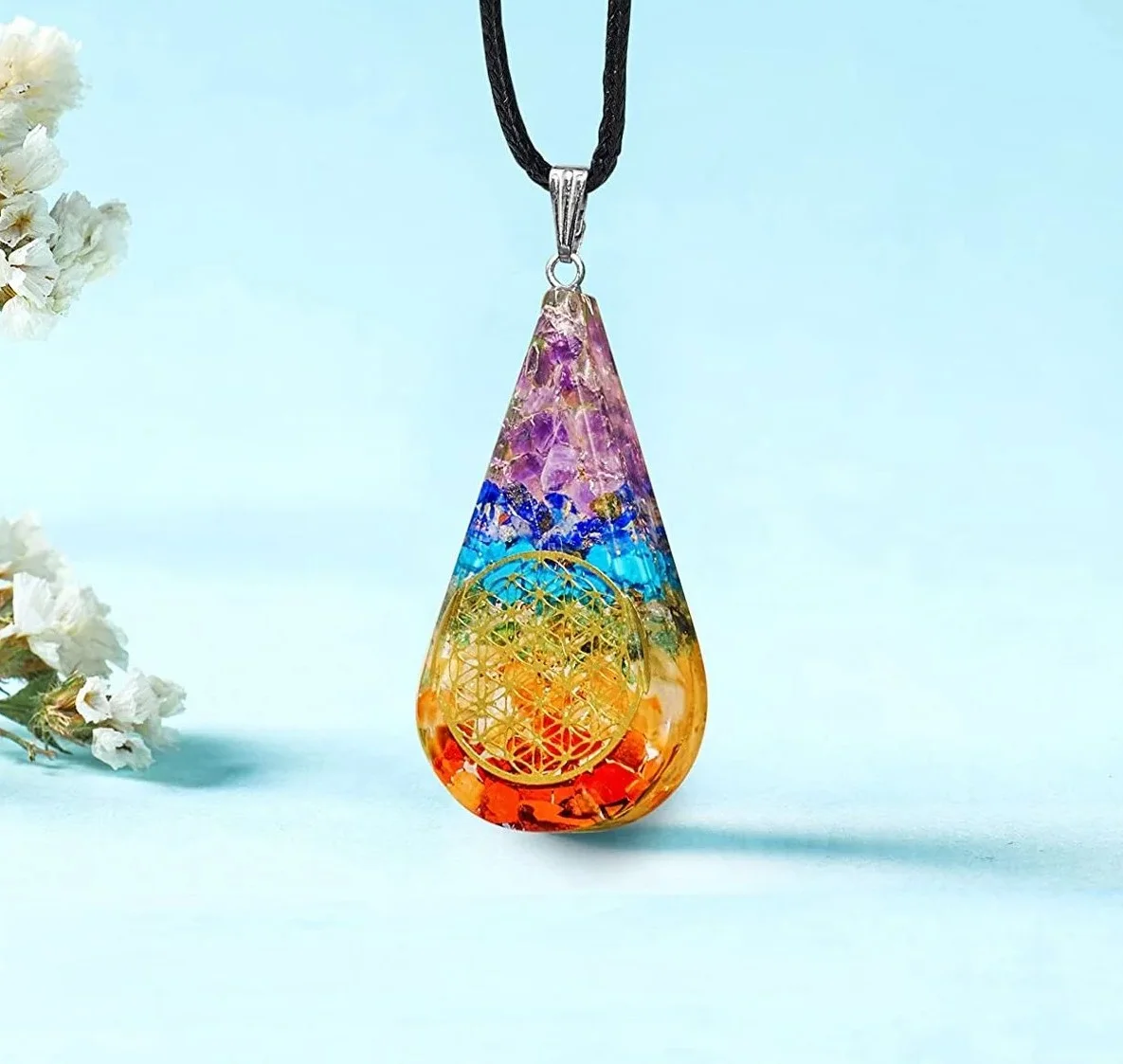 7 CHAKRA ORGONE PENDANTS  SMALL ROUND FLOWER