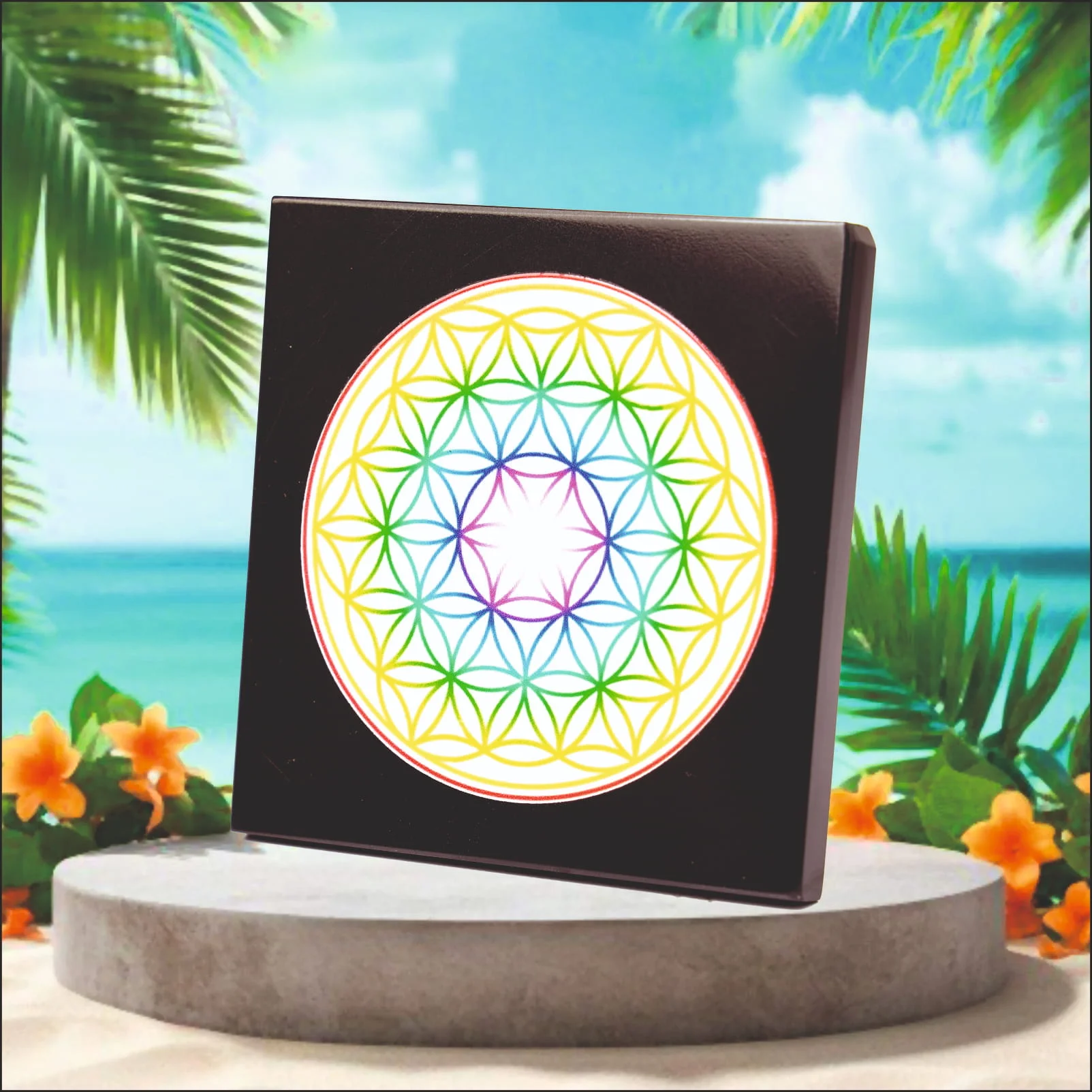 The flower of life sacred geometry in rainbow colors art black agate board