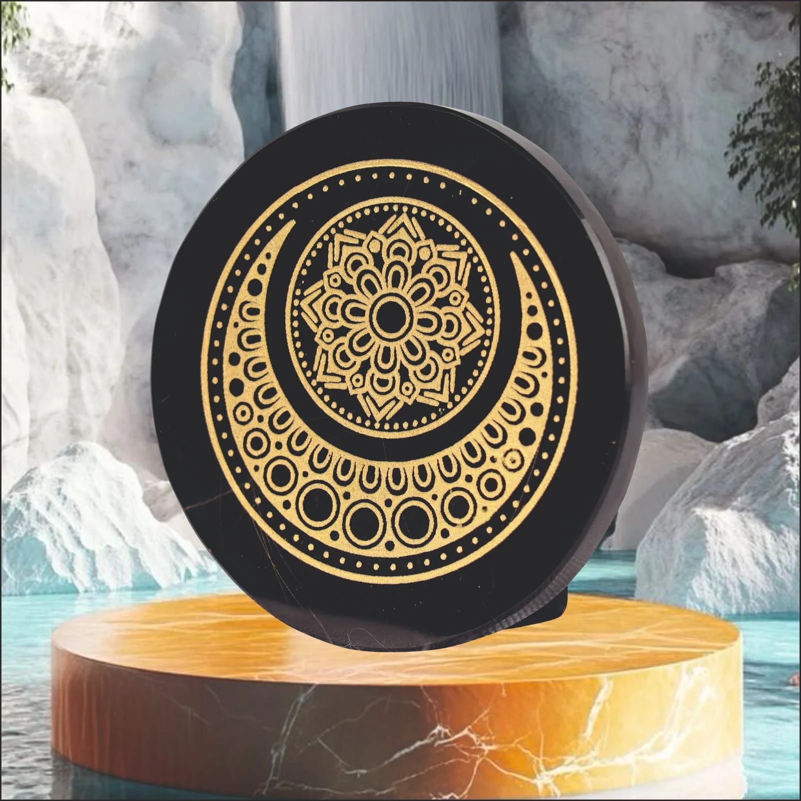 Round Black Agate Moon Shape Carving Plate