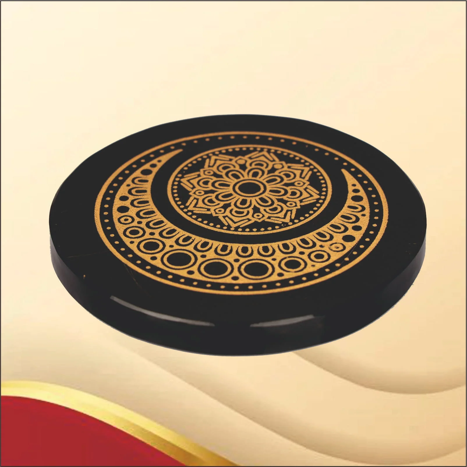 Round Black Agate Moon Shape Carving Plate