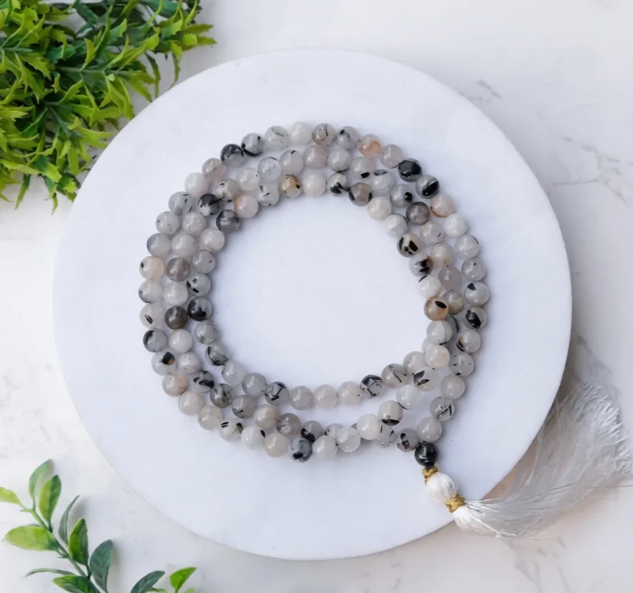 CRYSTAL HEAVEN BLACK RUTILATED  QUARTZ CRYSTAL JAPA MALA