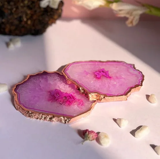 PINK AGATE STONE GOLD PLATED COASTER