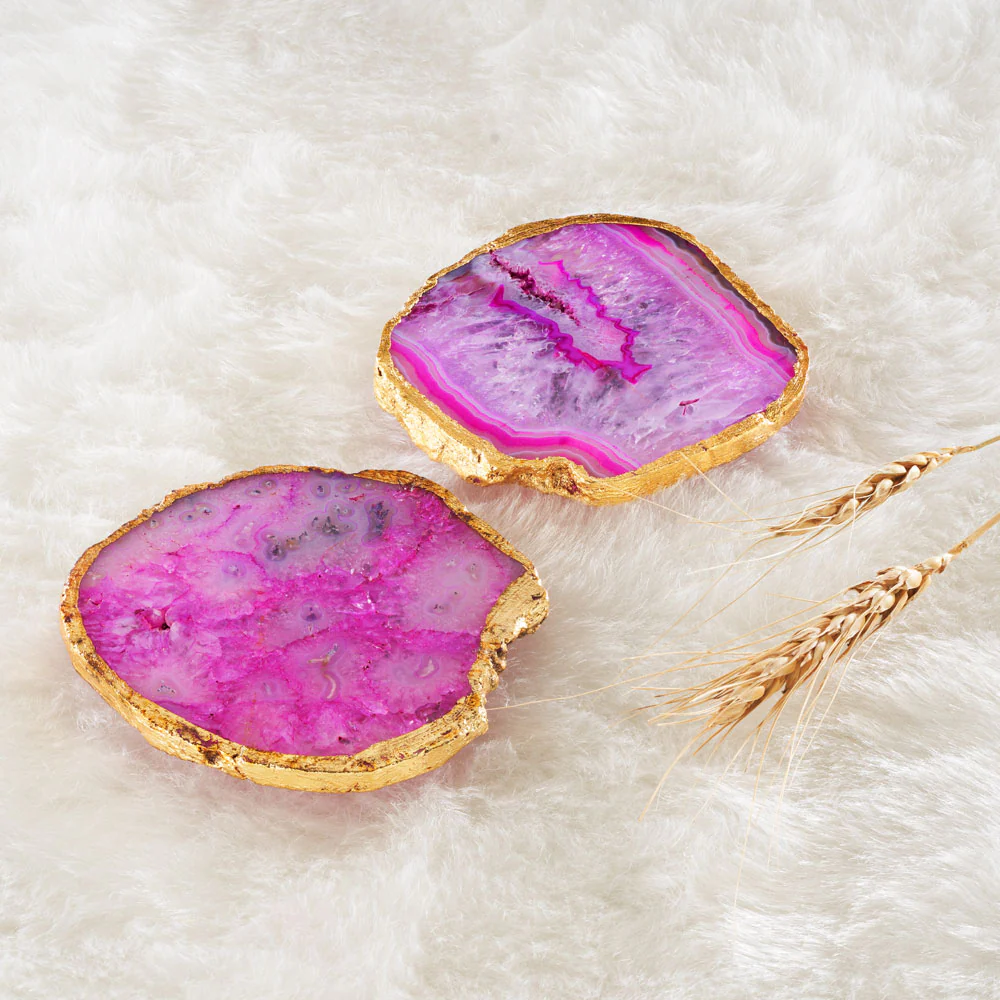 PINK AGATE STONE GOLD PLATED COASTER