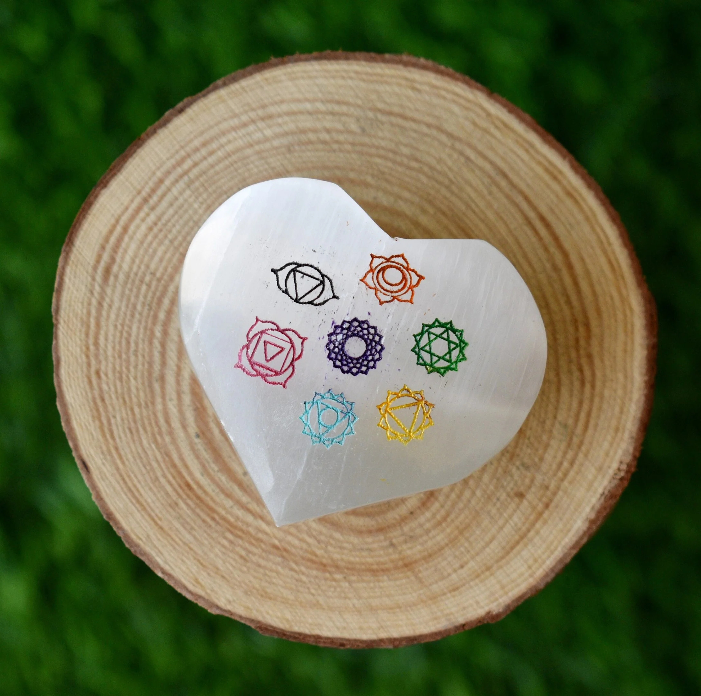 NATURAL WHITE SELENITE 7 CHAKRA HEART